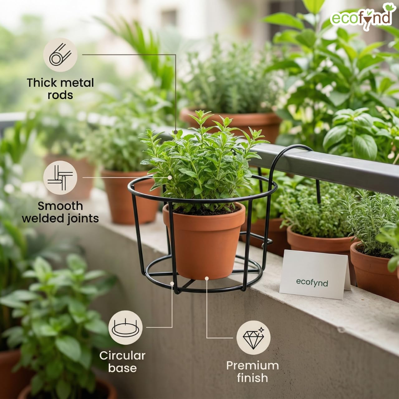 ecofynd Gamla Lot de 1 support rond en métal à suspendre pour pot de fleurs pour balustrade, articles de décoration pour balcon et intérieur (noir, PS028)