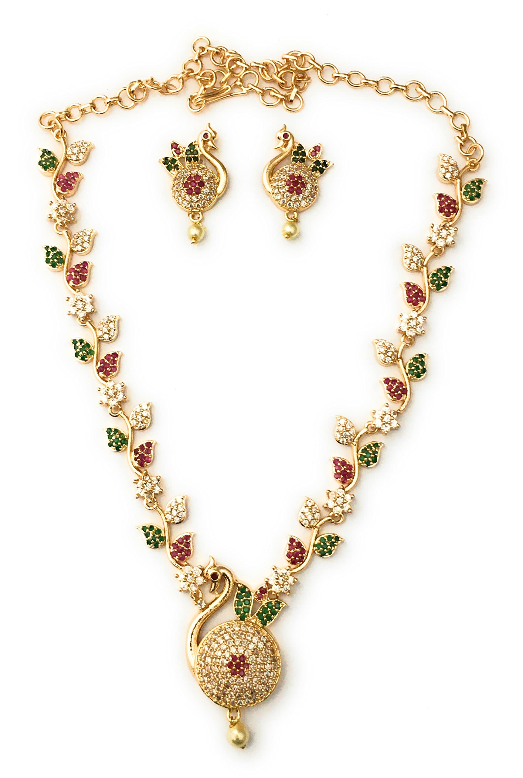 SasitrendsMicro Gold Plated Peacock AD Stone Studded Jewellery Set, Free Size, Micro Gold Plated, American Diamond