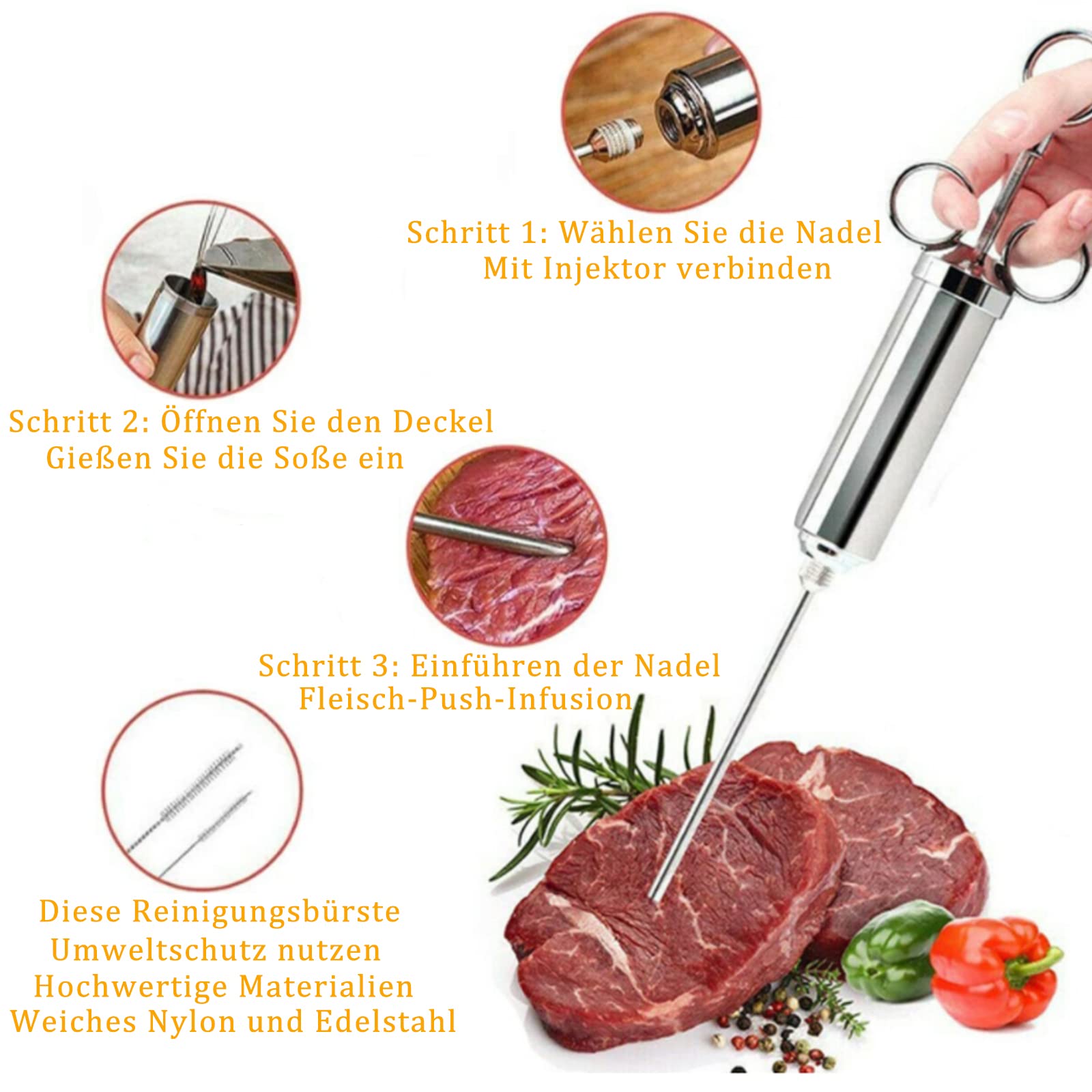 Set di siringa per arrosti Select Zone in acciaio inox 304 con 1 pennello per marinatura, 3 aghi, 1 paio di artigli per carne, 1 termometro per barbecue