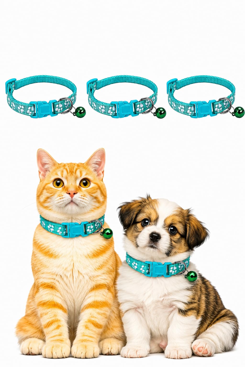 Cat Collar 3 Pack with Bell, Adjustable Nylon, Paw Print Design, Multiple Colours, for Cats and Small Dogs (Teal)