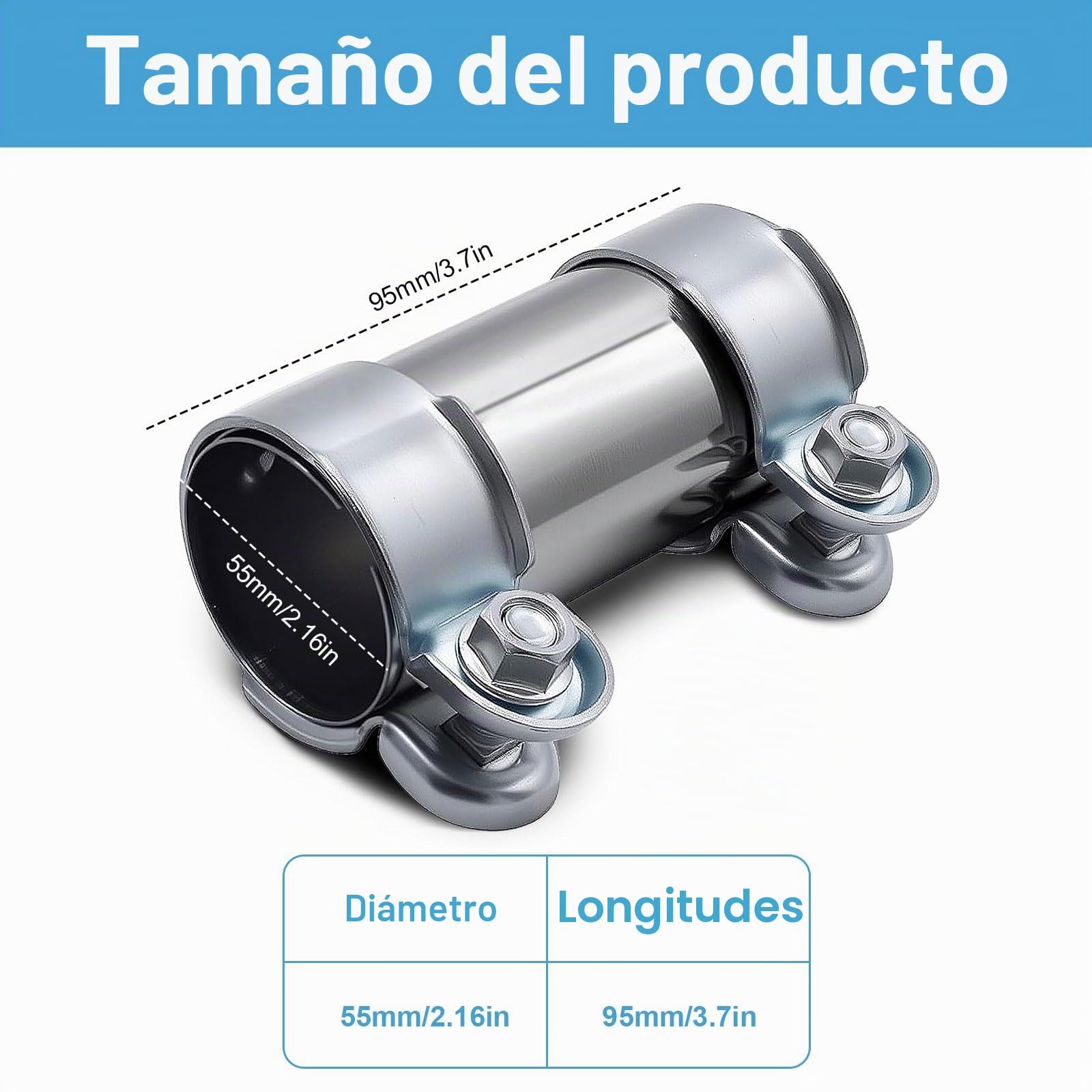 Abrazadera de Tubo de Escape Ø 60mm x 95mm, Abrazadera de Banda de Escape Acero Inoxidable Conector de Tubo de Escape, Abrazadera Universal con 2 Abrazaderas de Escape (Ø55mmx95mm)