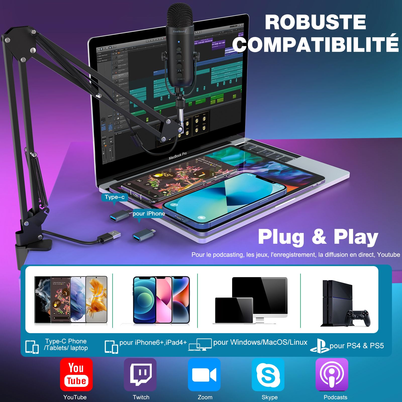 zealsound Microphone USB Gaming- Micro à Condensateur pour iPhone/PC/Mac/PS4&PS5, Micro Streaming/Youtube/Podcast, Bouton Muet/Gain/Echo, Bras Inclus - Kit Complet pour Enregistrement K66 avec Boom