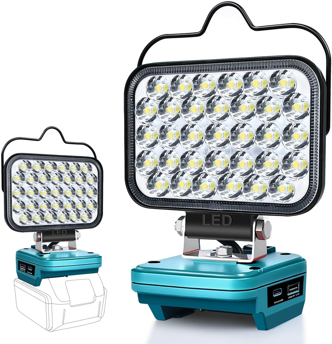 Cordless LED Work Light for Makita 18v Battery, Portable Flood Lights 66W Spotlight Lighting 6600LM with Type C & USB Fast Charging for Camping, Hiking, Fishing,Power Failure,Workshop (No Battery)