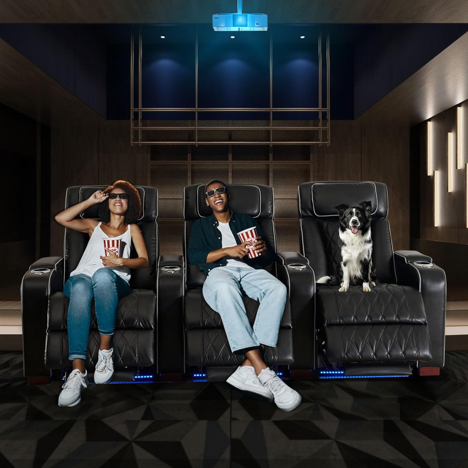 Luxury Home Theater Seating – Power Recliner with Adjustable Headrests, Blue LED Ambient Lighting, Tray Table, USB & Type-C Charging (Black, 3 Seat)