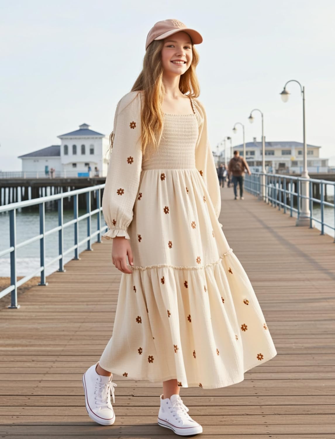 Sunny Spirit Girls Dresses Spring Maxi Tween Boho Floral Long Puff Sleeves Square Neck Embroidered Smocked Dresses 5-14 Years - Image 2