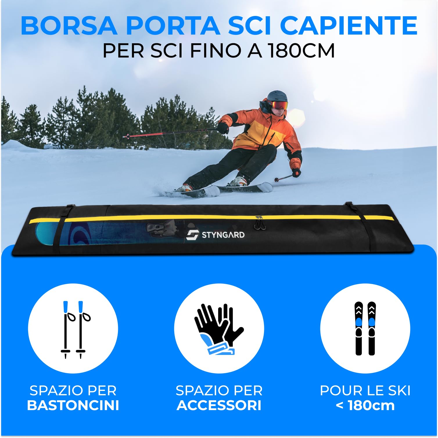 STYNGARD Sacca porta sci [fino a 180 cm] - Borsa sci in materiale resistente con cerniere di alta qualità - Modello Aspen