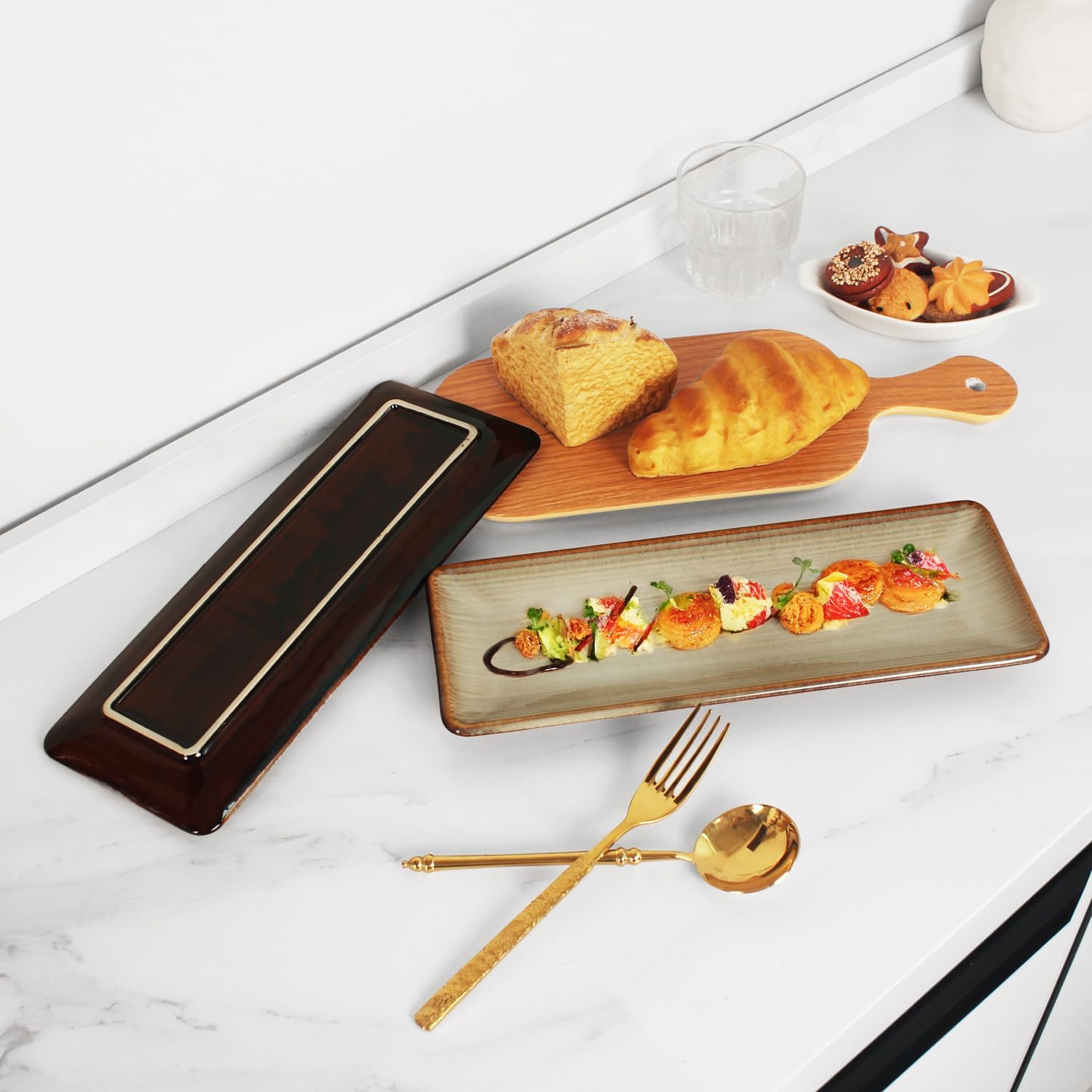 Ceramic 4-Piece Set Dinner Plate 14.3 Inch Large Rectangular Dinner Plate for Entertaining Guests, Desserts, Salads, Appetizers, BBQ, Main Courses, Tacos, Kitchen Tableware