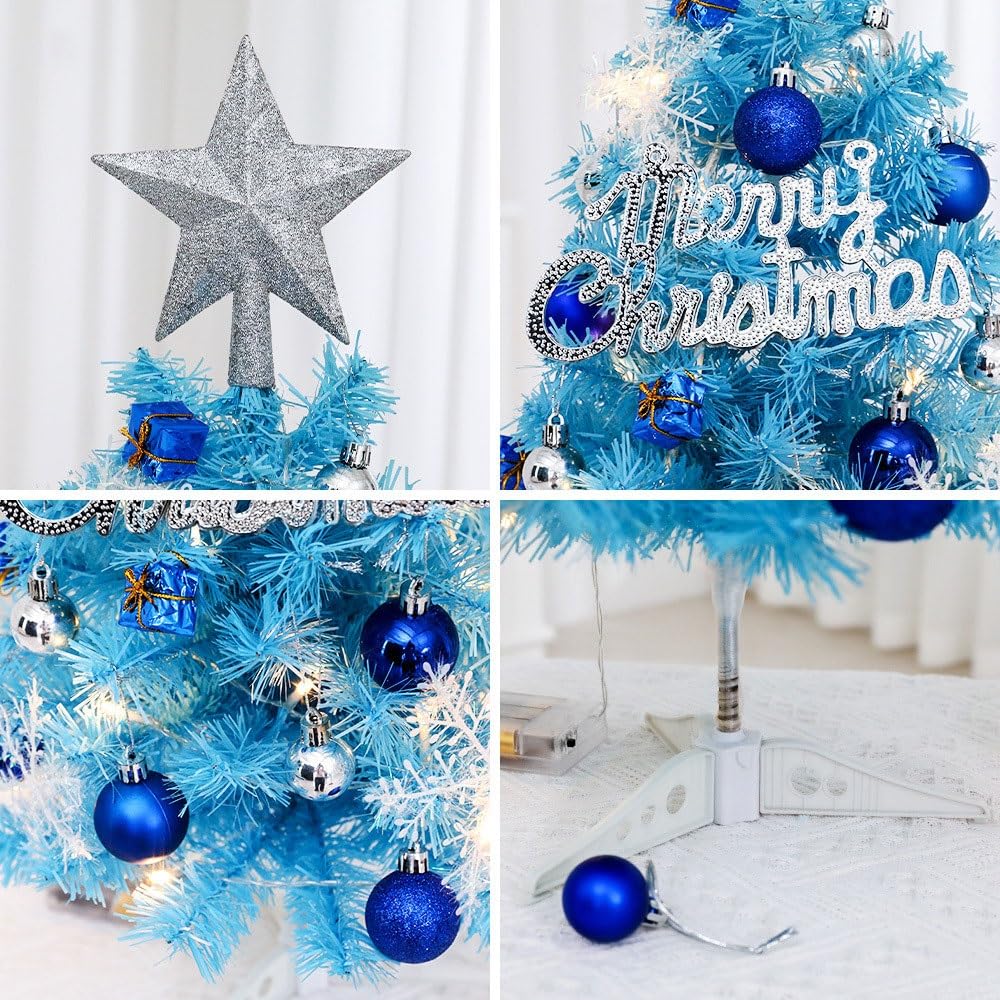 Albero di Natale blu di alta qualità con ornamenti, decorazione da tavolo sicura for feste in ufficio a casa, facile da montare, rami realistici albero di natale(60cm)