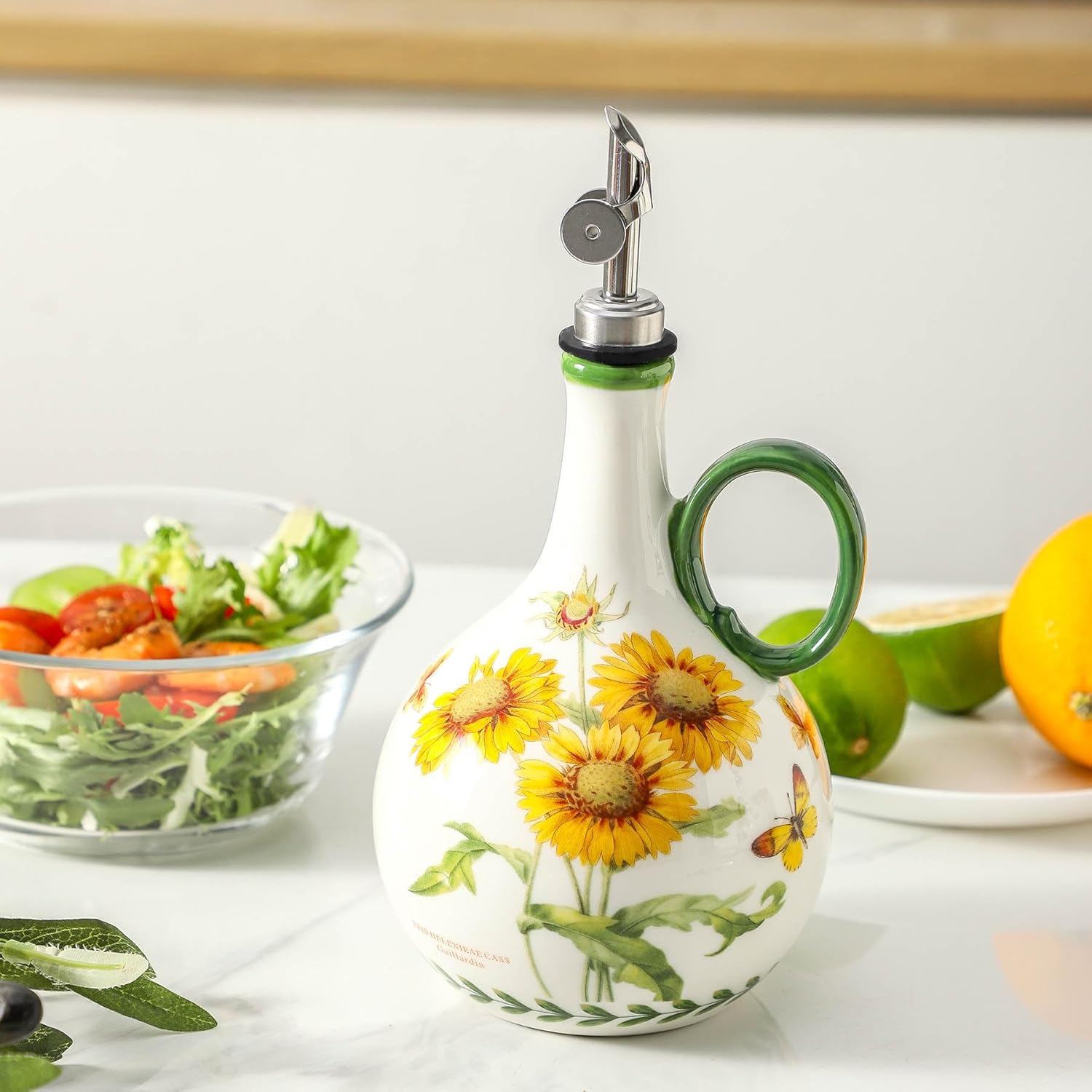Sunflower 29oz Ceramic Olive Oil Dispenser Bottle for Kitchen,1 Piece Oil Dispenser with Stainless Steel Pourers, Suitable for Storage Vinegar, Soy Sauce, Coffee Syrup, Liquids