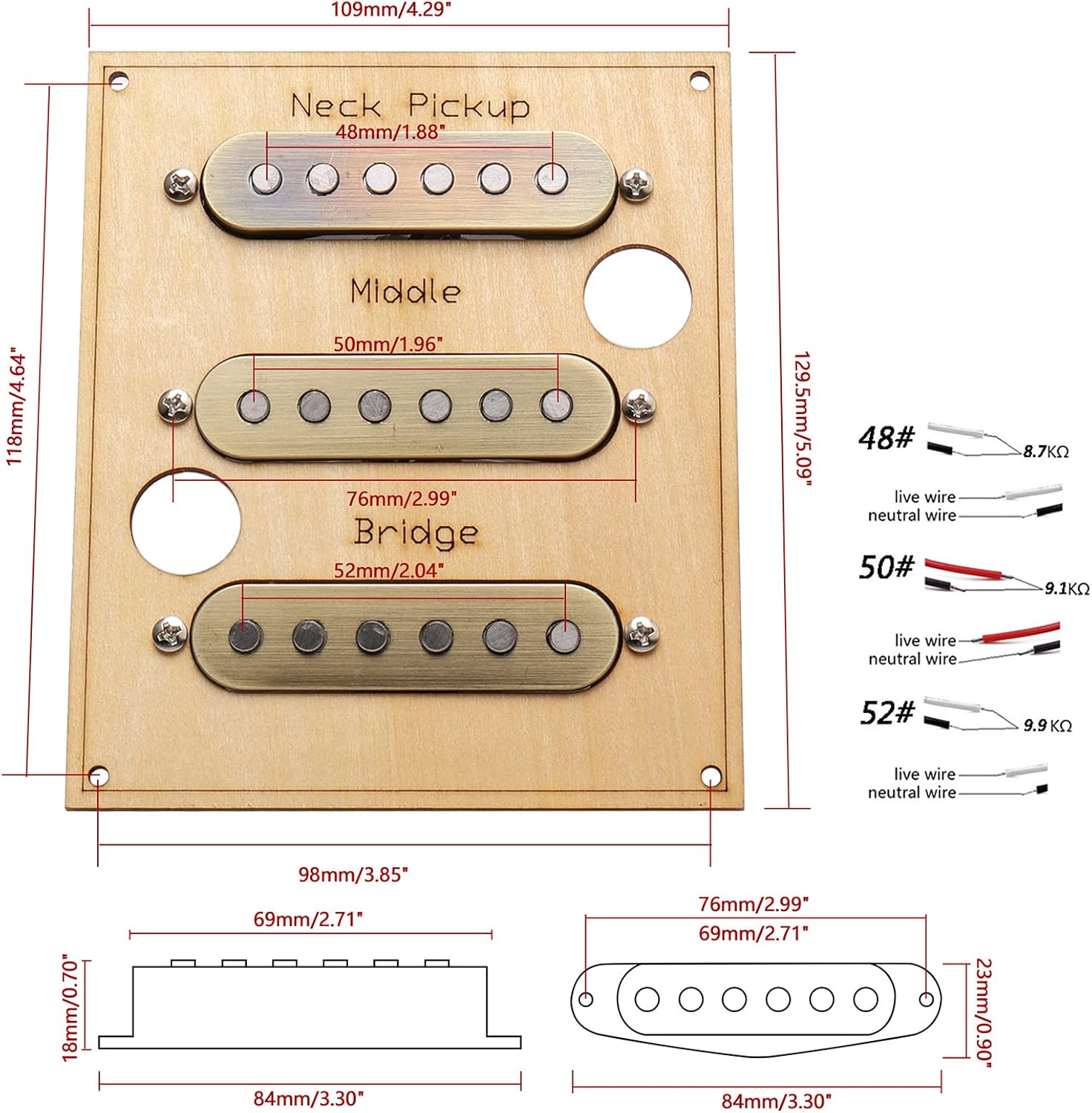 Guitar Single Coil Pickups 48/50/52mm Neck Middle Bridge SSS Pickup set for Fender Strat Style Guitar(Copper)