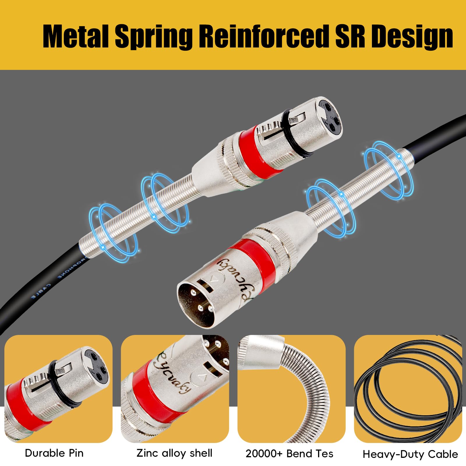 XLR-Mikrofonkabel für Aufnahmestudio-Lautsprecher, PA-System, Metallfeder SR, 3-polig, symmetrisch, geschirmt, XLR-Lautsprecherkabel, Mikrofonkabel, Podcast, 4,5 m, 2 Stück