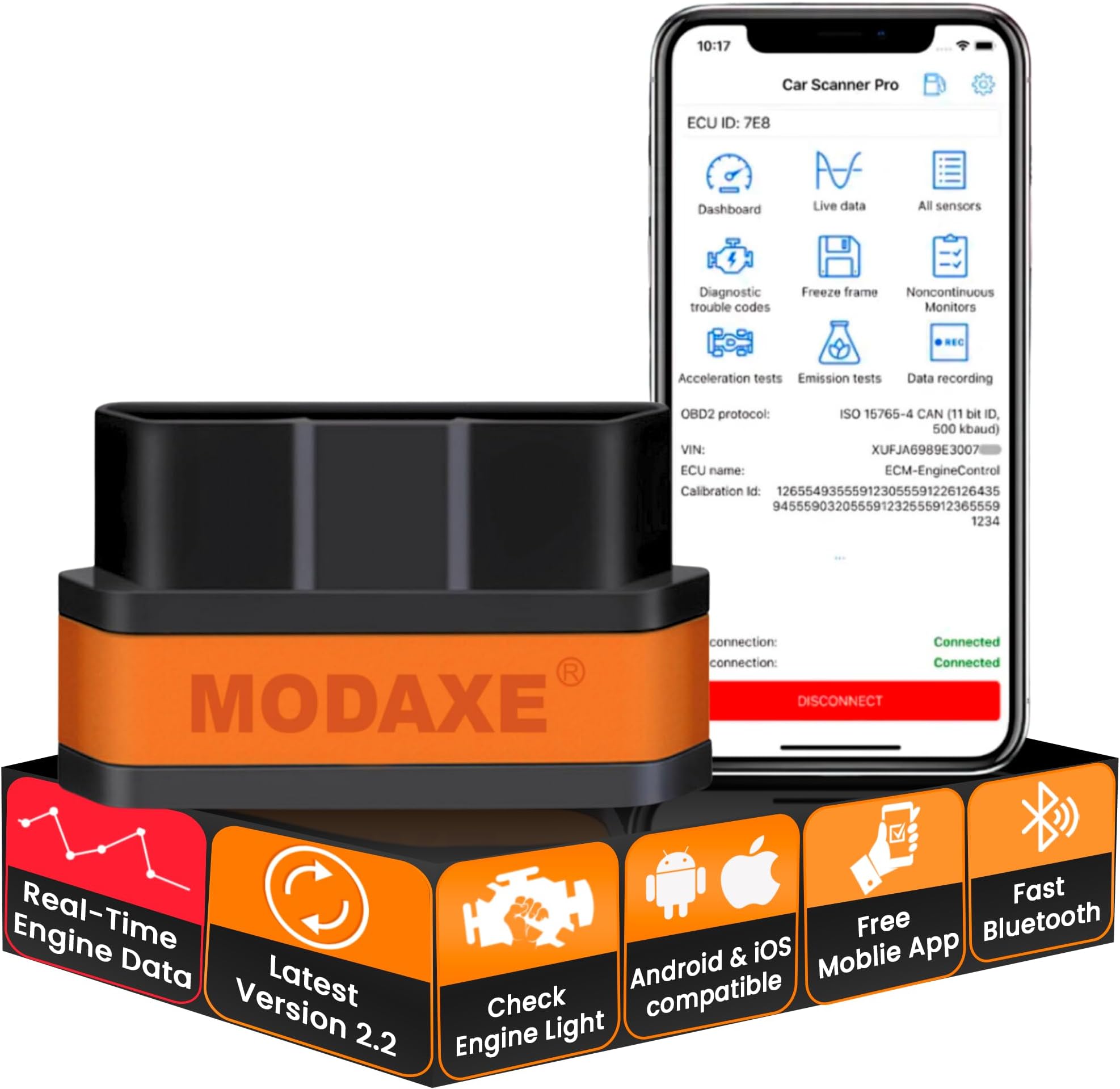 MODAXE Advanced Chipset OBD II Scanner Code Reader V2.2 Smart Car Vehicle Diagnostic Scanner Tool | Bluetooth 4.0 | Supports ODB2/OBDII Protocols | Compatible with Android & Apple iOS