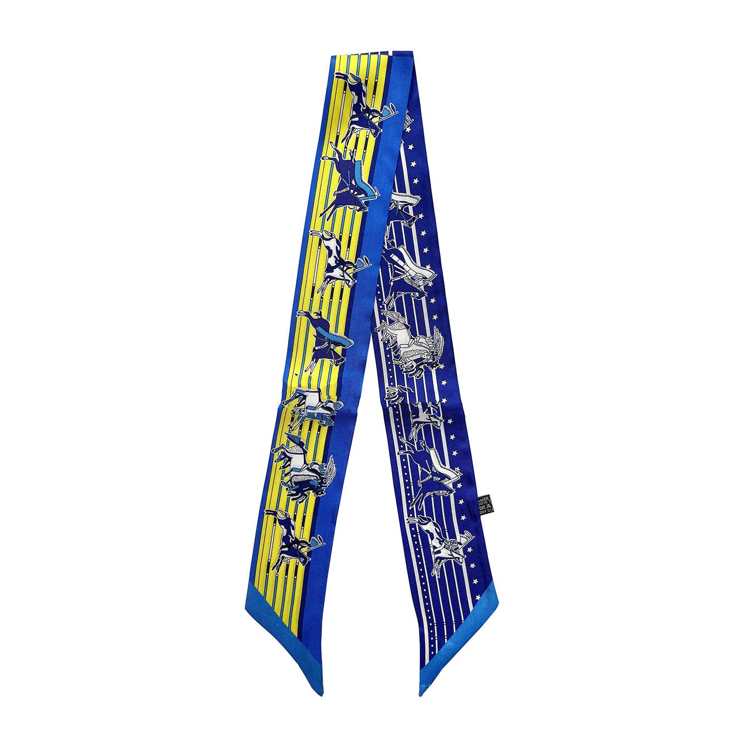 JERLA 100% Mulberry silk Scarf Head Hair Ribbon Handbag Handle wrap Tie Bundle Scarf Neckerchief Scarf for women, Blue and Yellow Horse, 33.5"×1.97"