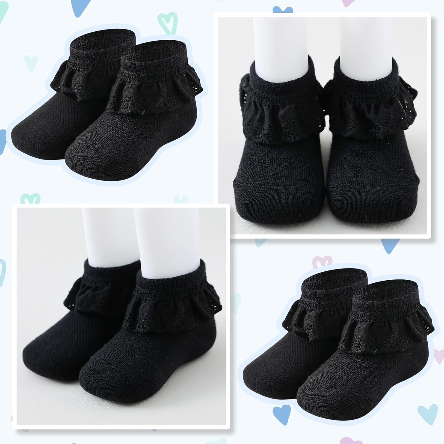 Mini angel Baby Girls Socks Eyelet Ruffle Lace Frilly Dress Socks for Newborn Infant Toddler 3/6 Pairs - Image 4