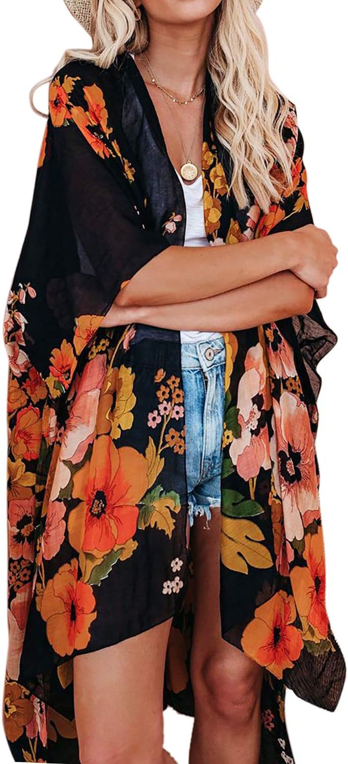 Women's Chiffon Kimono Cardigans Lightweight Batwing Summer Casual Long Boho Sheer Cardigan for Women Coverup Tops
