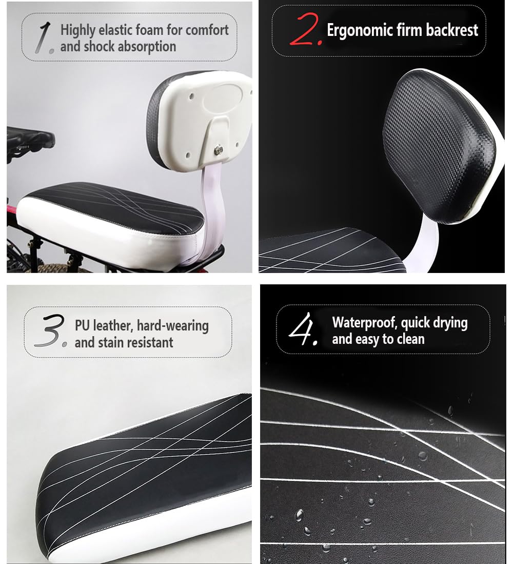 EEYZD Bicycle Rear Seat Cushion Armrest Footstool Set, Bicycle Baby Seat with Cushion & Backrest, Footrest with Backrest & Bell, Black,White