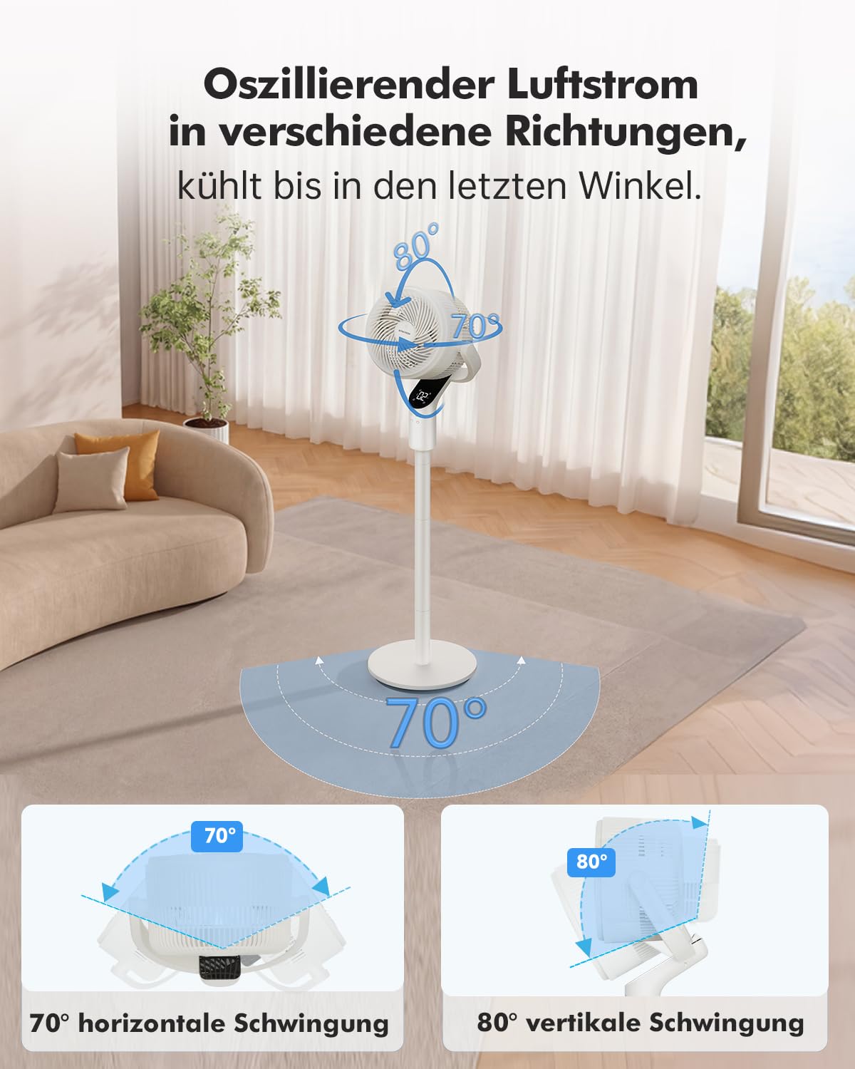 WOWDSGN Standventilator mit Fernbedienung, 22 dB leiser Ventilator für Schlafzimmer & Wohnzimmer, höhenverstellbarer Boden Ventilator mit 3D Oszillation, 8 Windgeschwindigkeiten & 15 St-Timer (Weiß)