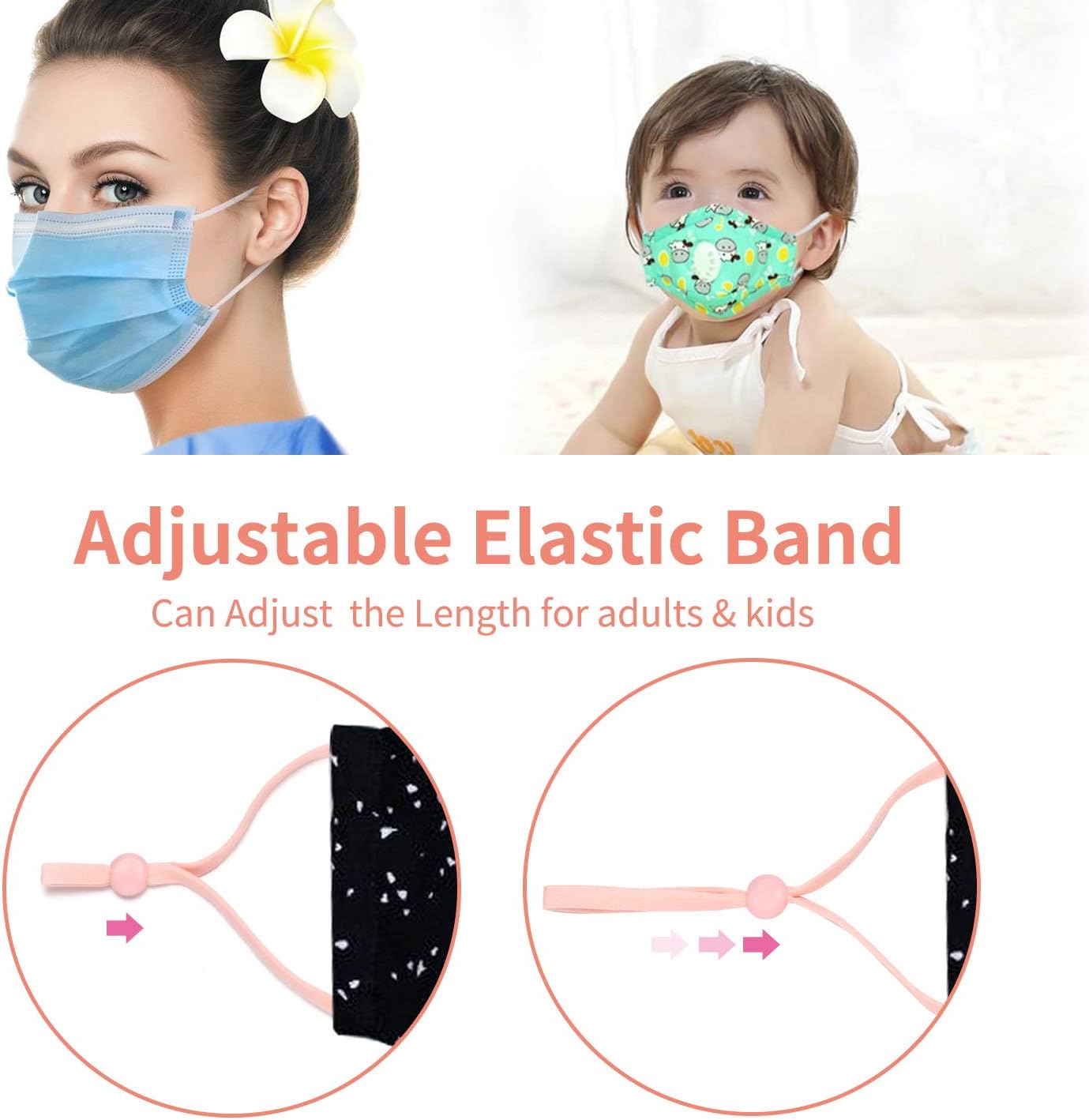 120 PCS 6 Assorted Colors 1/4 Inch Wide Elastic String Cord Bands Rope with Adjustable Buckle for Sewing Crafts DIY Mask, Suitable for Adults and Children (Black,White,Pink,Blue,Light Green,Gray)