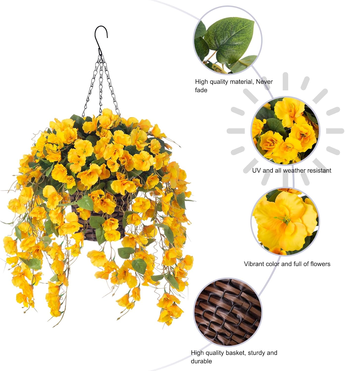 HyeFlora Artificial Hanging Flower Baskets for Spring Decoration, Outdoor Fake Plant Faux Silk Hibiscus Long Vines in Planter UV Resistant Realistic Flowers for Outside Porch Patio Home Decor, Yellow