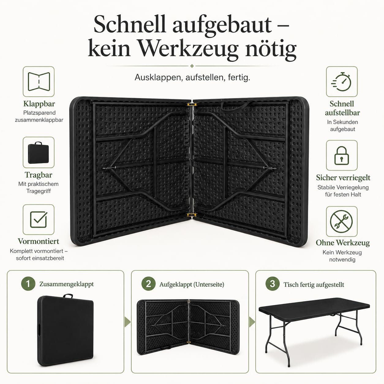 Arttribute Klapptisch 180x74x74 cm, Gartentisch klappbar, Schwarz | Schnell einsatzbereit, leicht zu transportieren, ideal für Buffet, Party und Veranstaltungen