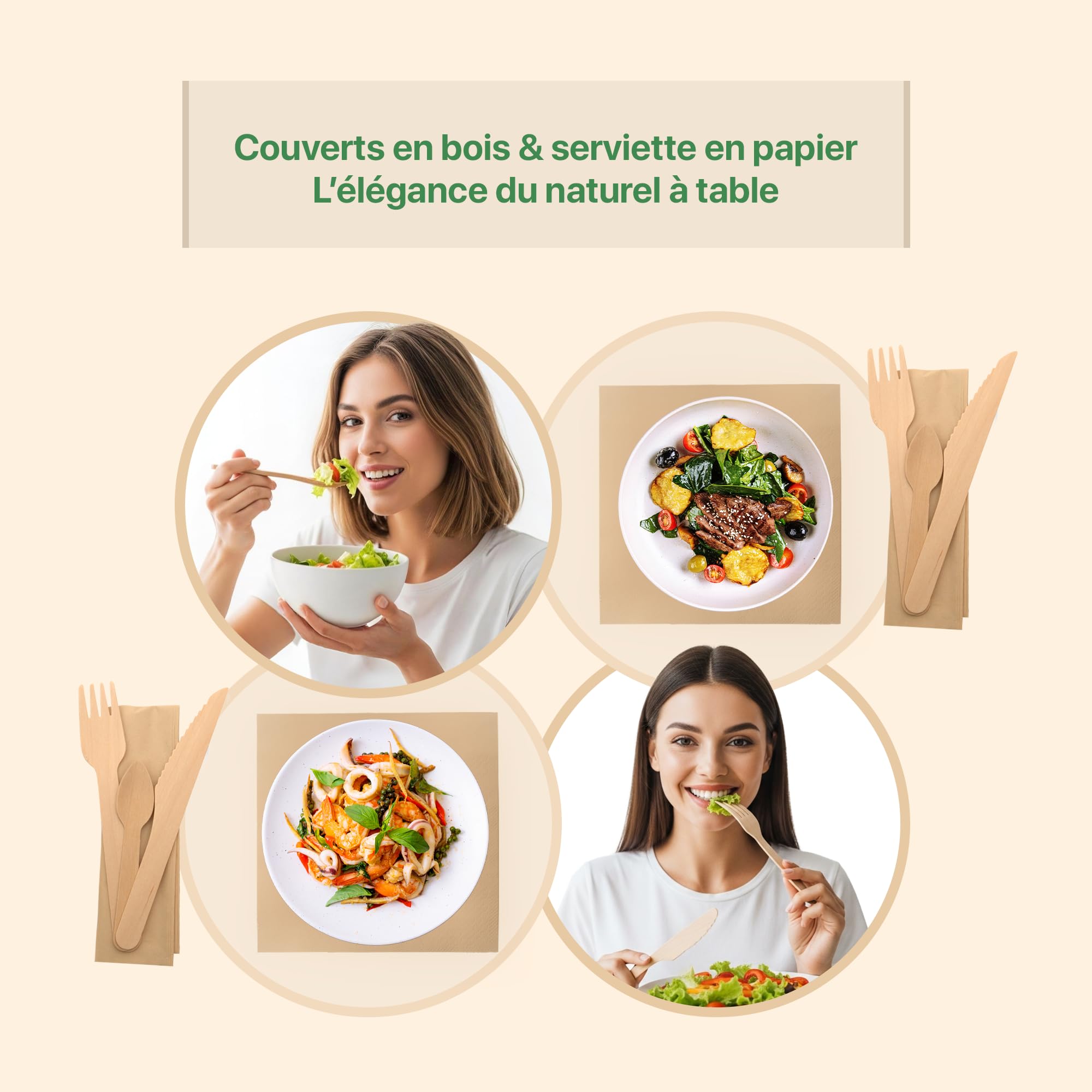 250 Kits Cubiertos Madera Desechables - Tenedor, Cuchillo, Cuchara, Toalla | Bolsa individual de papel; lista para distribuir; tenedor y cuchillo de 16,5 cm; cuchara 11 cm; servicio completo