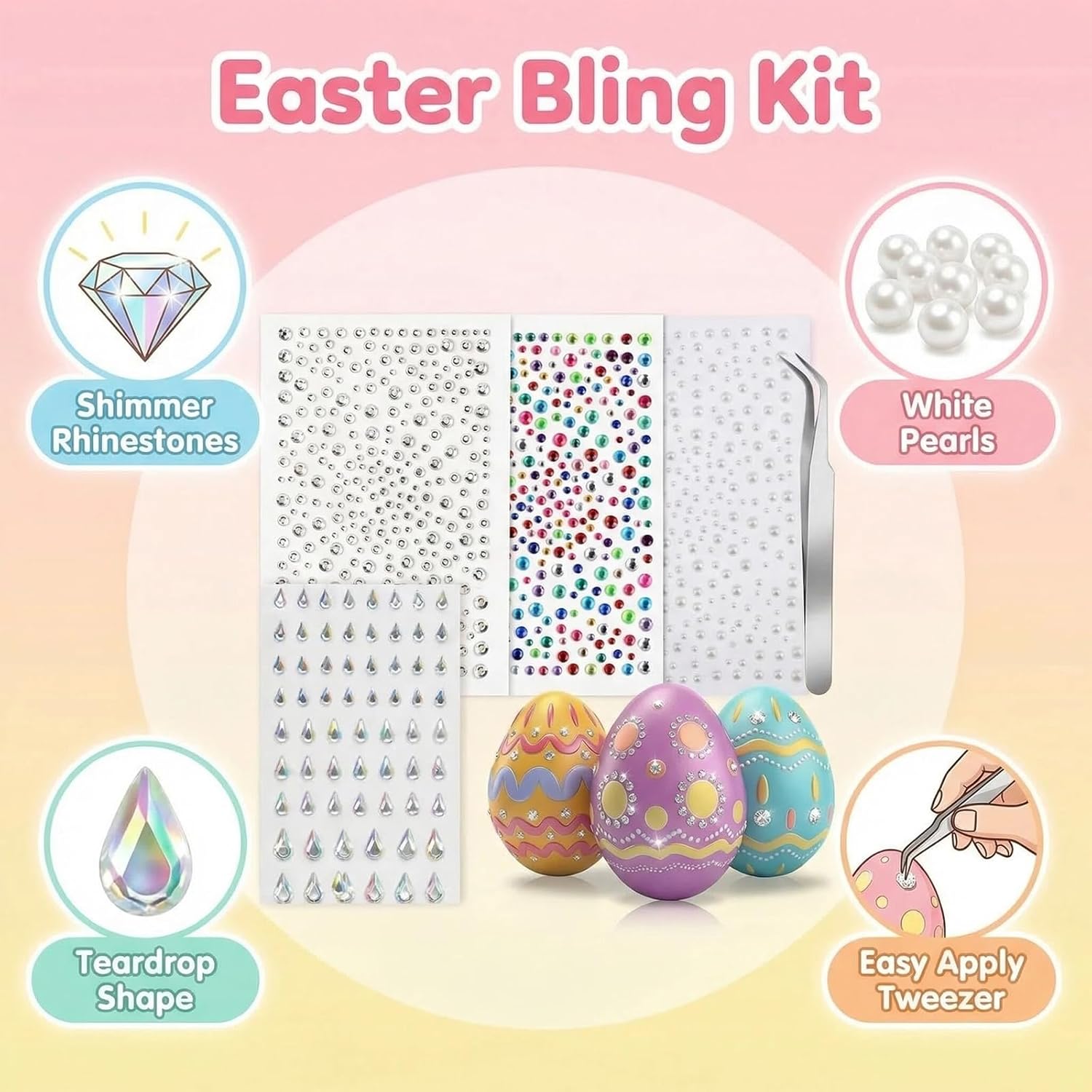 1040 Pcs Easter Egg Stickers, Self-Adhesive Multi-Color Rhinestone Gems for Decorating Easter Eggs – DIY Egg Decorating Kit with Pearls, Diamonds & Teardrop Shapes