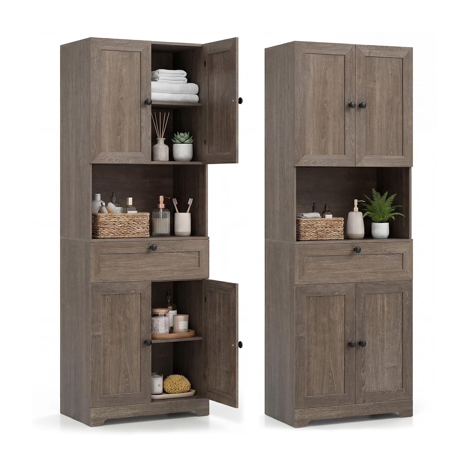 LIFEZEAL Armoire de Salle de Bain Haute, Meuble de Rangement 3 Niveaux en Bois avec 4 Portes, 1 Tiroir, Compartiment Ouvert, Étagère Réglable, Armoire Moderne pour Salle de Bain, Cuisine (Brun Clair)