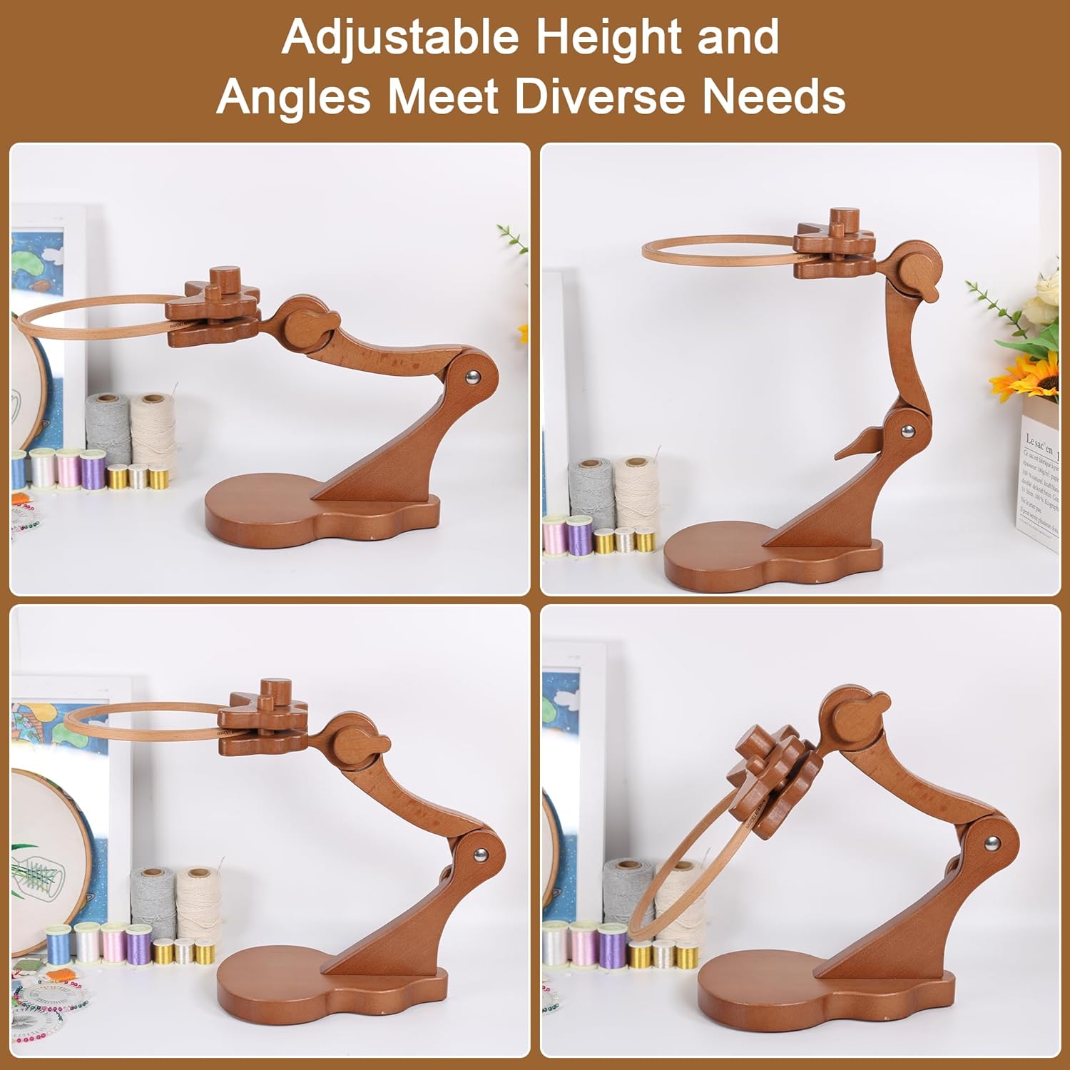 Adjustable Embroidery Stand with Violin-Shaped Base, Beech Wood Cross Stitch Hoop Holder, Lap & Tabletop Frame with Clamp for Quilting Needlework
