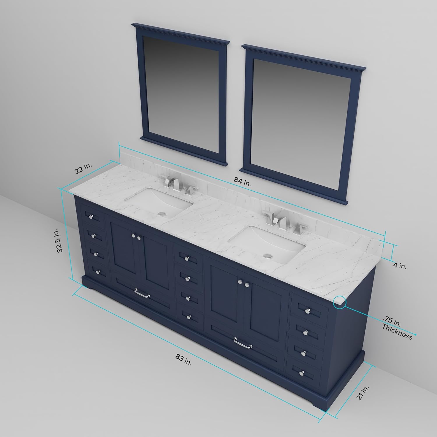 Dukes 84 in. W x 22 in. D Navy Blue Double Bath Vanity, Carrara Marble Top and 34 in. Mirrors