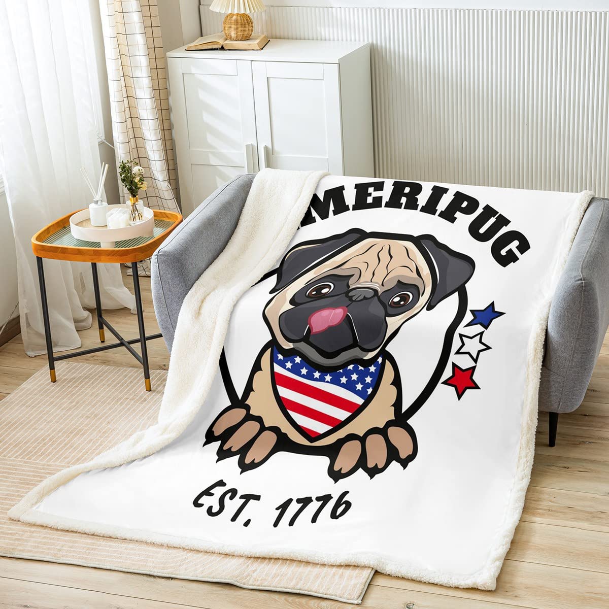 Linda manta de sherpa para perro pug 3D, manta de felpa para perros y mascotas, para niños, niñas, hippie, cachorros, cachorros, para sofá, cama, tamaño King, 87 x 94 pulgadas