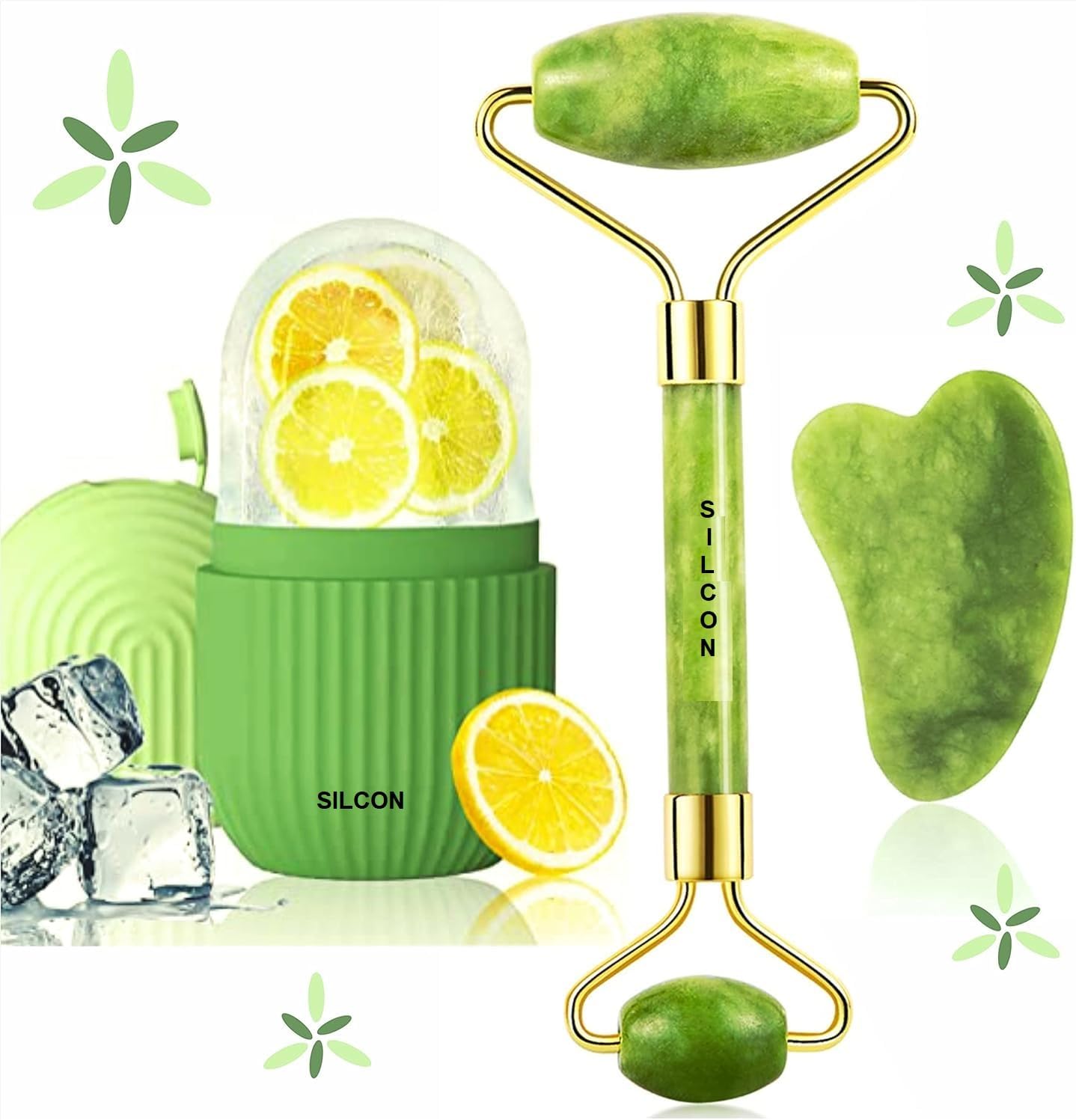 Silcon Face Massager Reusable Silicon Ice Cube Roller Massage And 100% Natural Jade Roller With Gua Sha Stone Set Facial Roller For Skin Eye Neck Body (Ice Roller And Stone Roller)(Multi Colour)