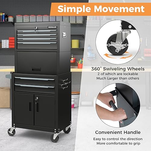 Miniatura 6 de IRONMAX Cofre de herramientas rodante, 2 en 1 ampliado de acero resistente con 6 cajones con caja de herramientas superior bloqueable y 4 ruedas