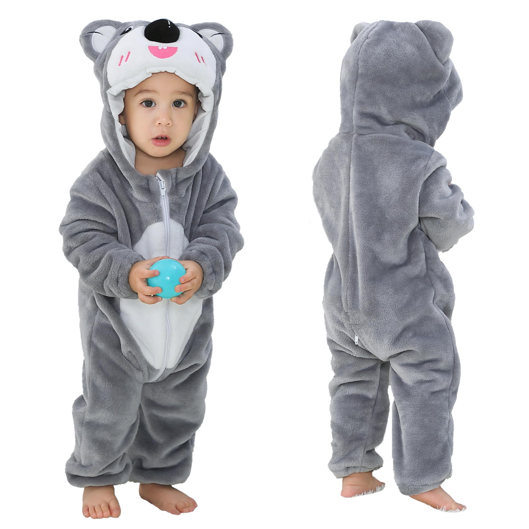 COOKY.D Infant Hooded Baby Rompers Animal Jumpsuit Soft Flannel Winter Cosplay Costume for Baby Girls Boys, 2-6 Months, Koala
