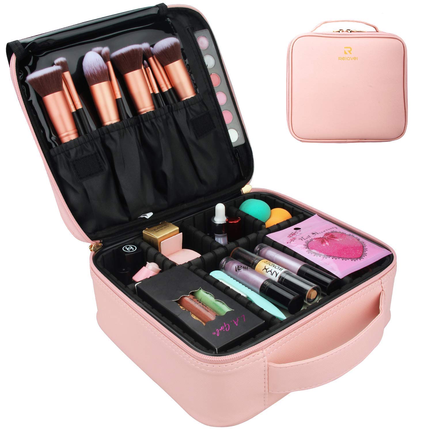 MONSTINA Makeup Train Cases Professional Travel Makeup Bag Cosmetic Cases Organizer Portable Storage Bag for Cosmetics Makeup Brushes Toiletry Travel Accessories (PU-Leather Pink)