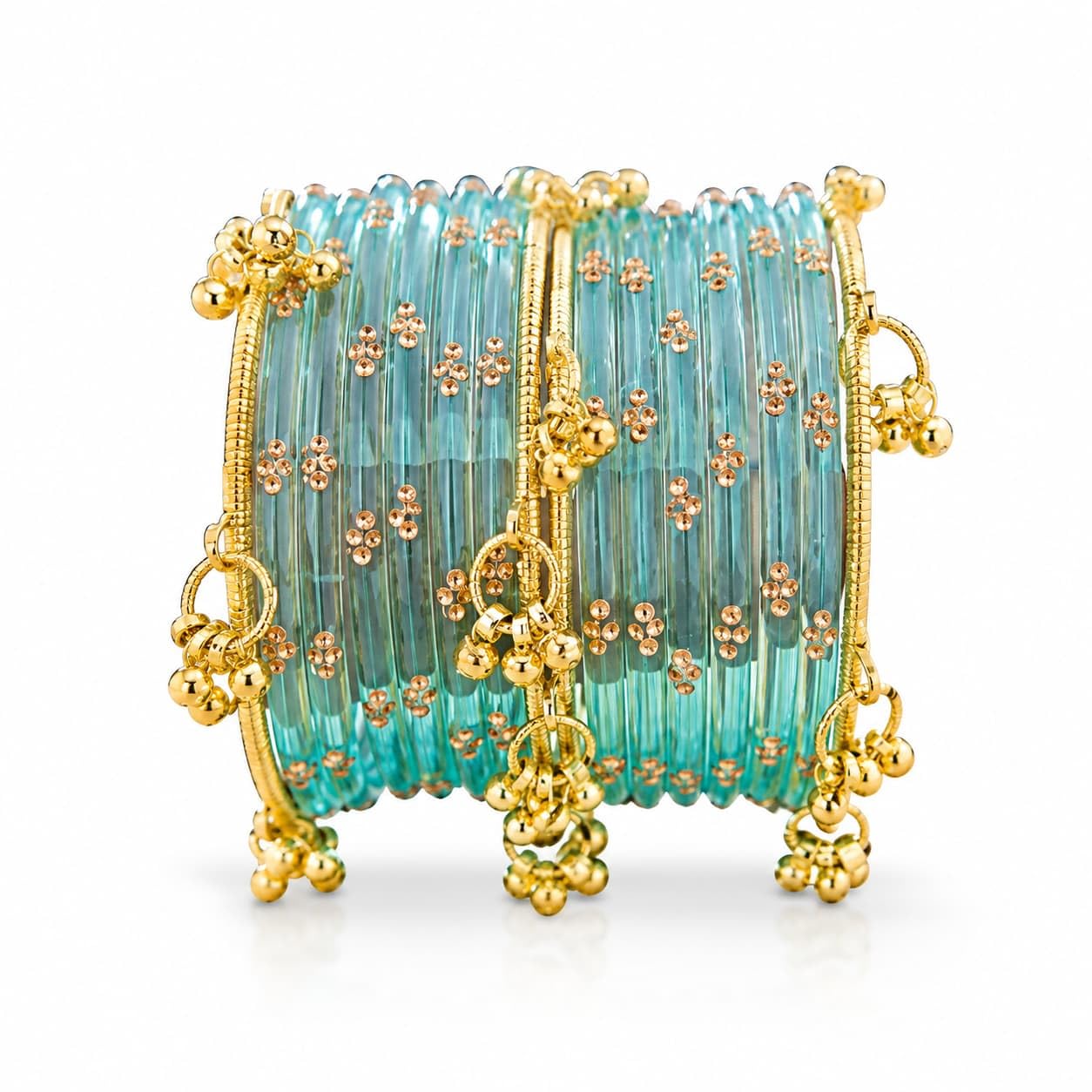 Glass Bangles For Women & Girls with Zircon Gemstone Work & Ghungroo Charm | Stylish Women Bangle Jewellery | Viral Kahmiri Ghungroo Bangle Bracelet For Girls | SKY BLUE Chudi Set- Set of 16-image-35