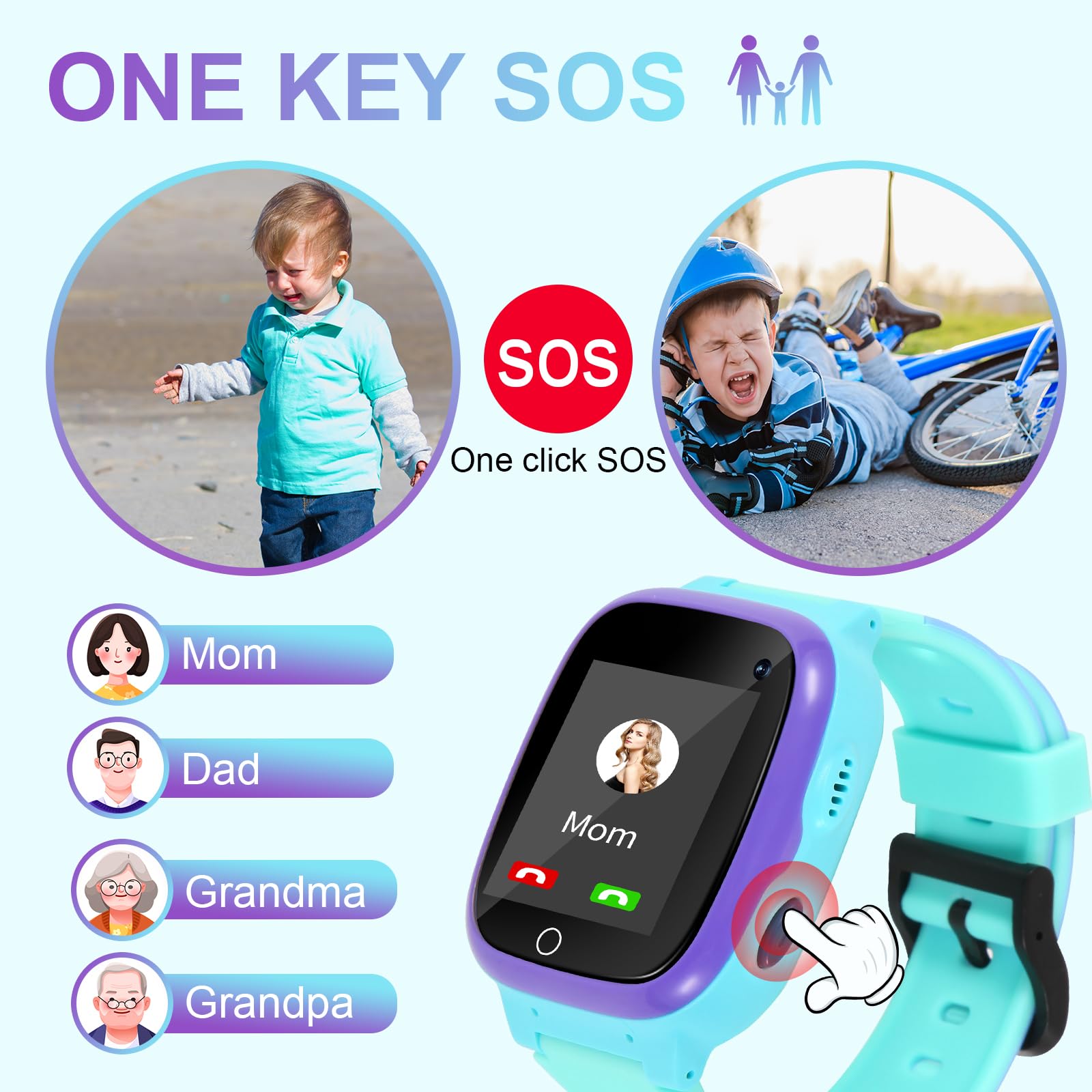 Rastreador lbs de Reloj Inteligente para niños, SOS Juego matemático Llama a la Cámara Pantalla táctil Alarma (Azul)