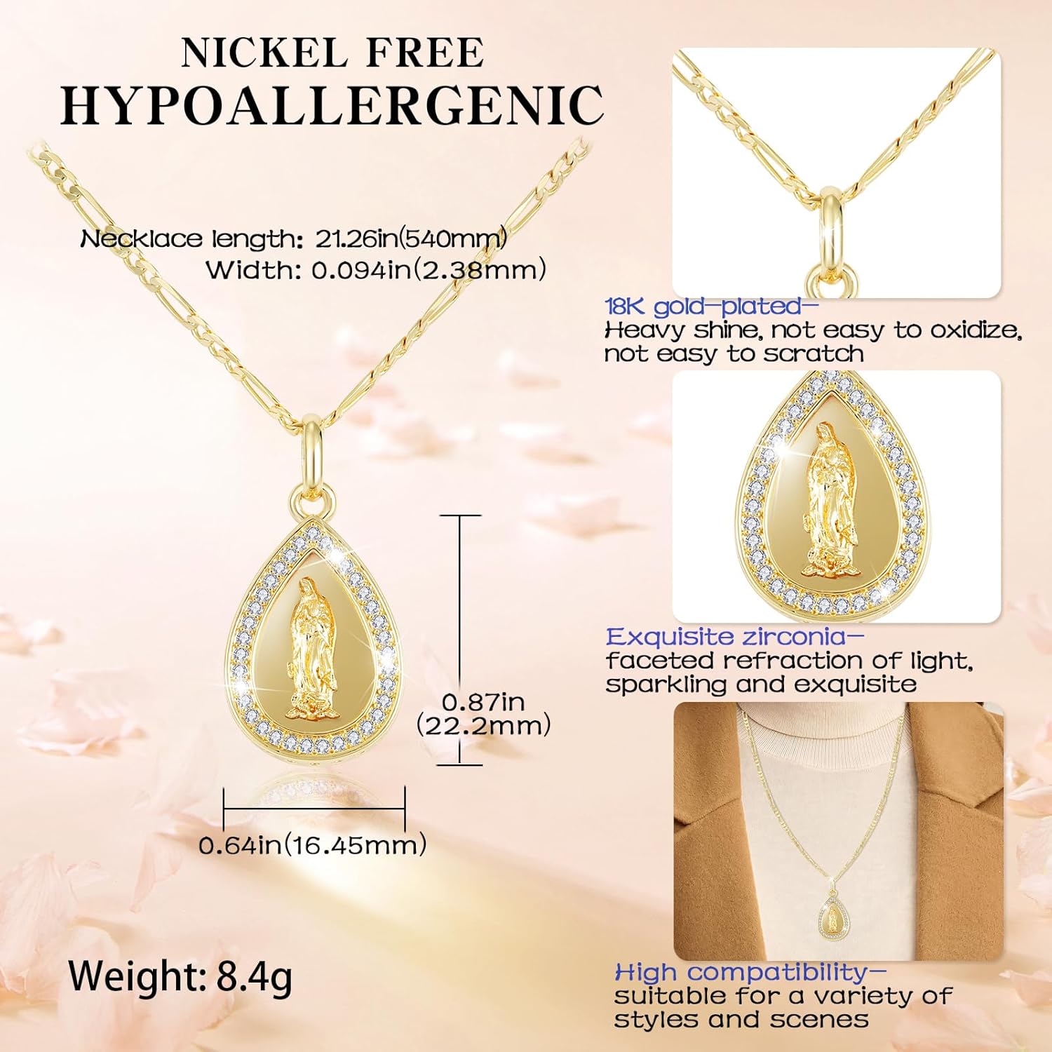 Richapex Virgin Mary Necklace for Men Women, 18K Gold Plated Copper Virgen de Guadalupe Charm Pendant, Valentine Mother's Day Our Lady Blessed Christian Catholic Gifts for Her with Jewelry Box Chain - Image 3