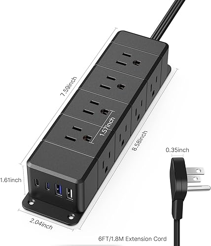 Miniatura 7 de Regleta de alimentación USB C de 30 W, tira de alimentación de enchufe plano ultrafina, 4 lados, 12 tomacorrientes, 1 PD de carga rápida, 2 USB-C, 2