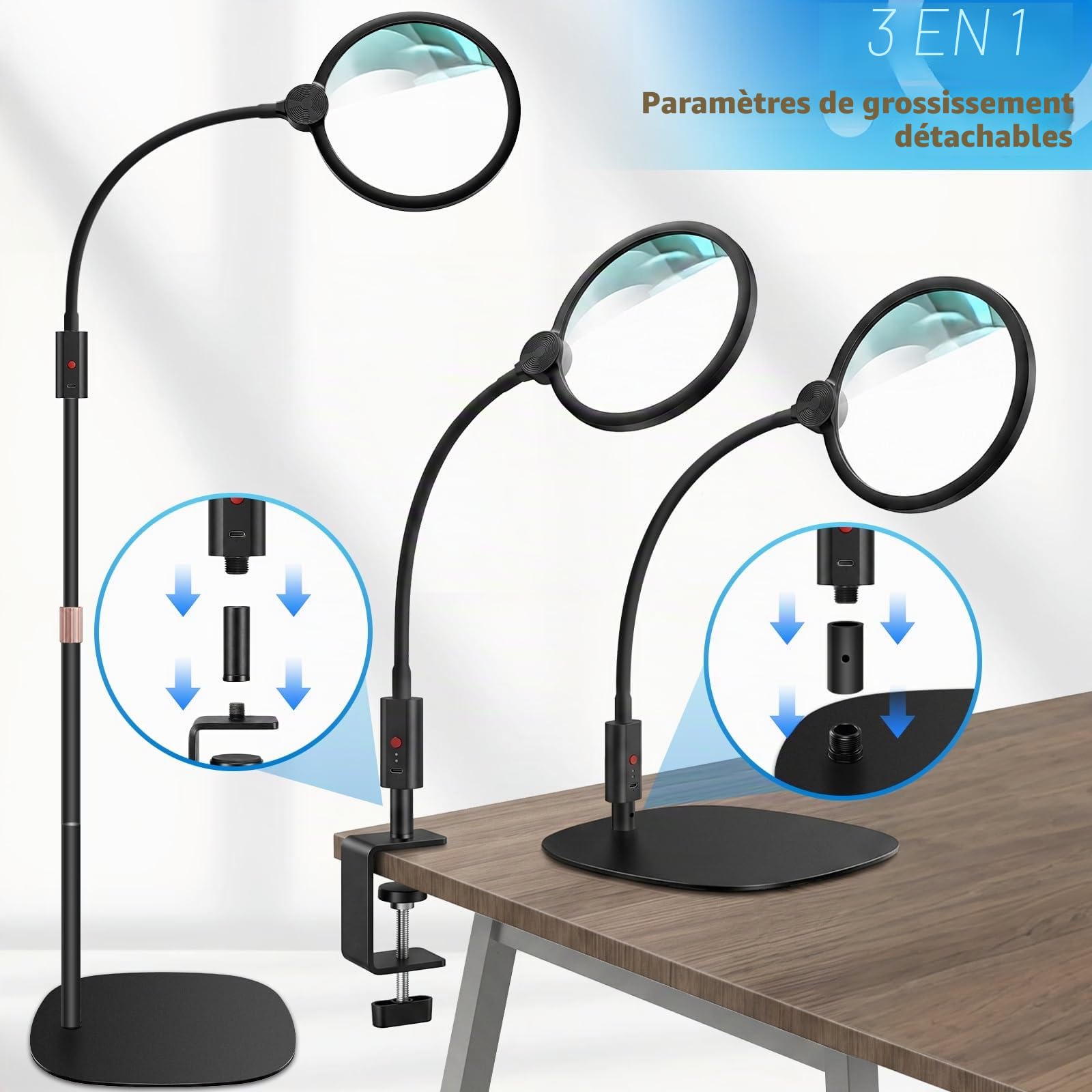 NZQXJXZ Loupe Grossissante Rechargeable 10X avec Lumière et Support, Lampe Loupe 3-en-1 sur Pied/Bureau/Pince, Grande Lentille HD 7”, 3 Modes de Couleur, LED Réglable pour Lecture Couture Réparation
