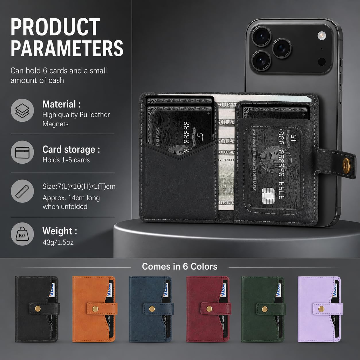 Magnetic Wallet kompatibel mit MagSafe,RFID-blockierender PU-Leder Kartenhalter,4 Kartenfächer, Geldfach,Foto-ID-Fenster,Druckknopf,Magnetring inklusive,kompatibel mit iPhone&Android-Hüllen,Schwarz