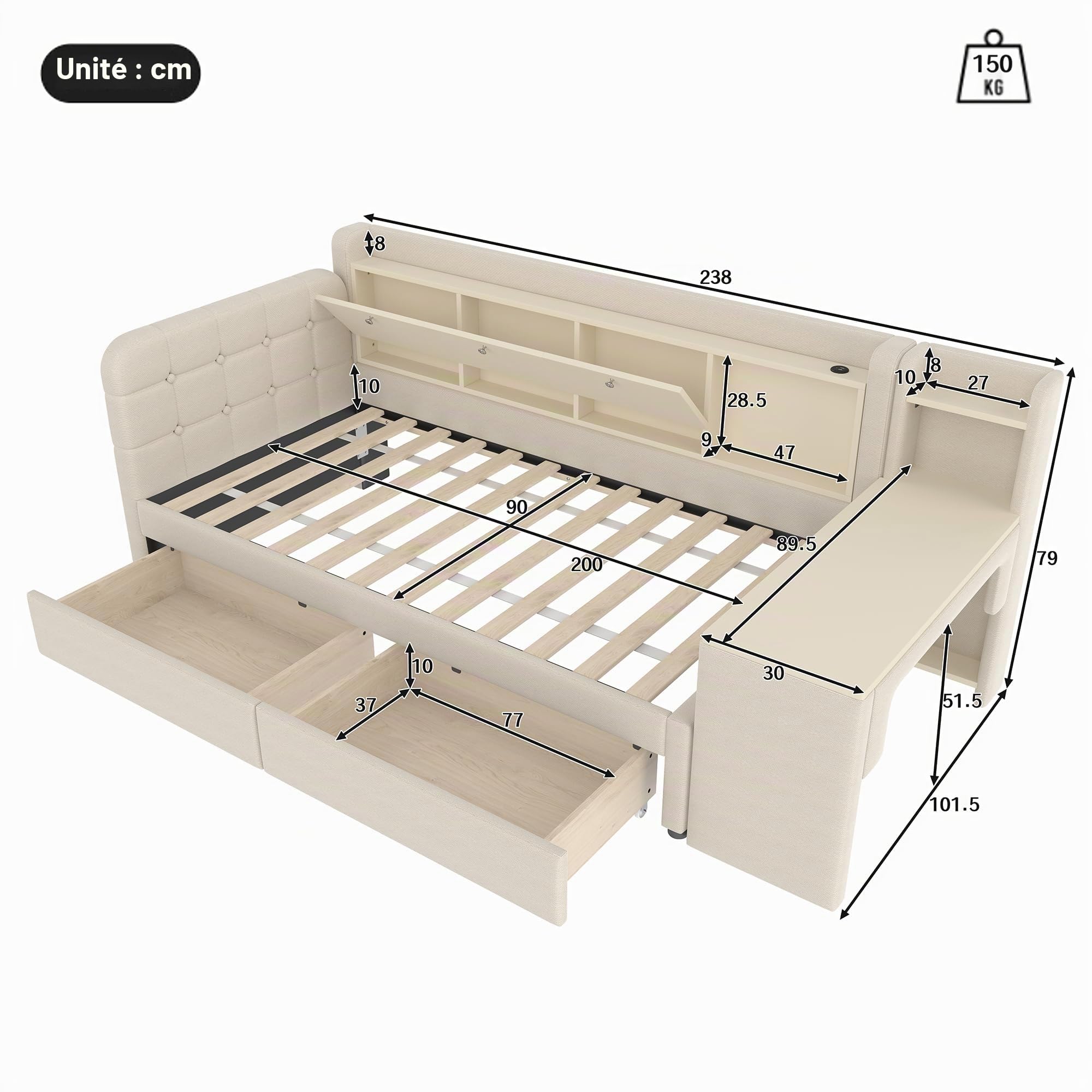 Canapé-Lit 90 X 200 Cm avec Lit Gigogne, Canapé-Lit avec Rangement, 2 Tiroirs, Bureau, Ports USB Et Type-C, Armoire De Rangement Rabattable, Compartiment De LatéRal, sans Matelas