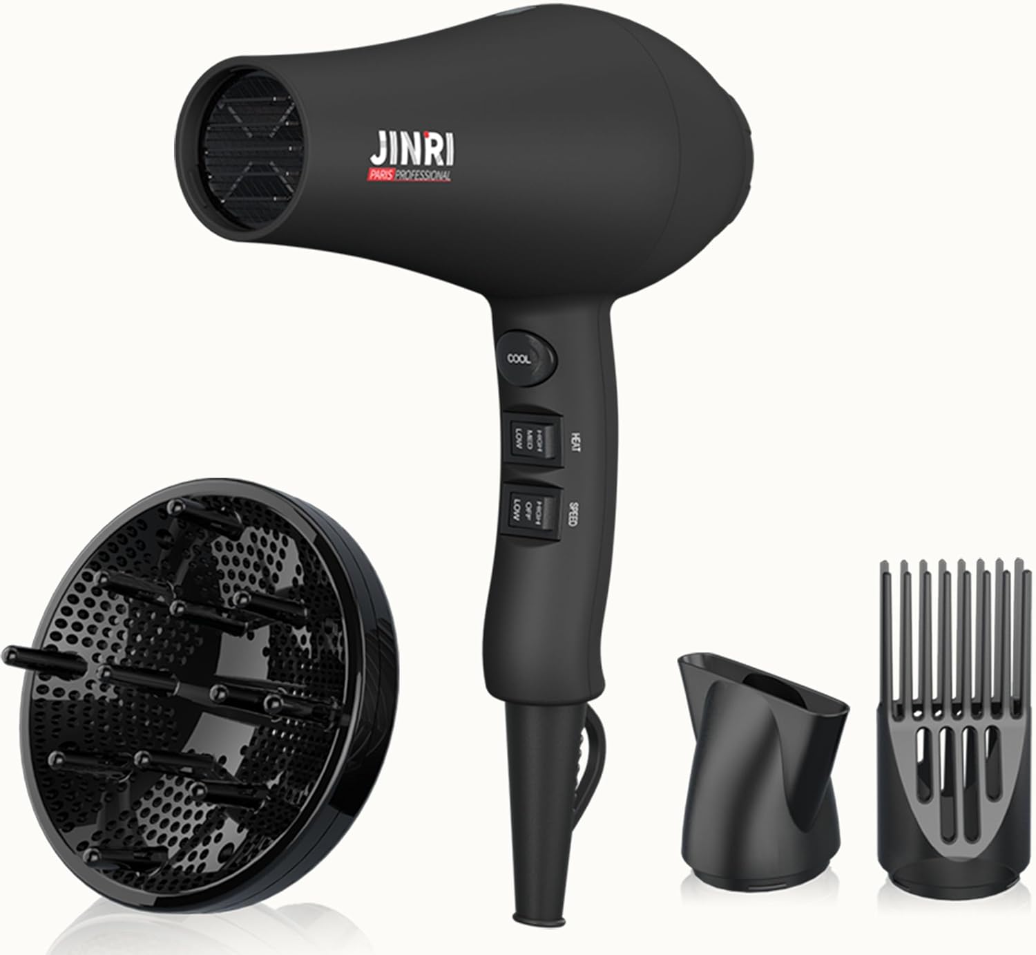 JINRI Hair Dryer, 3 Heat & 2 Speed, 1875W, with Diffuser, with Concentrator, Ionic Technology & Infrared - Black, Detachable Air Intake, Non-Foldable, Hanging Strap, 125V, JR-104