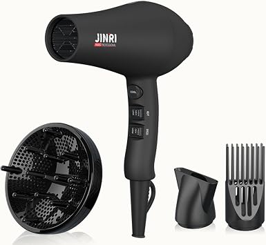 JINRI Hair Dryer, 3 Heat & 2 Speed, 1875W, with Diffuser, with Concentrator, Ionic Technology & Infrared - Black, Detachable Air Intake, Non-Foldable, Hanging Strap, 125V, JR-104