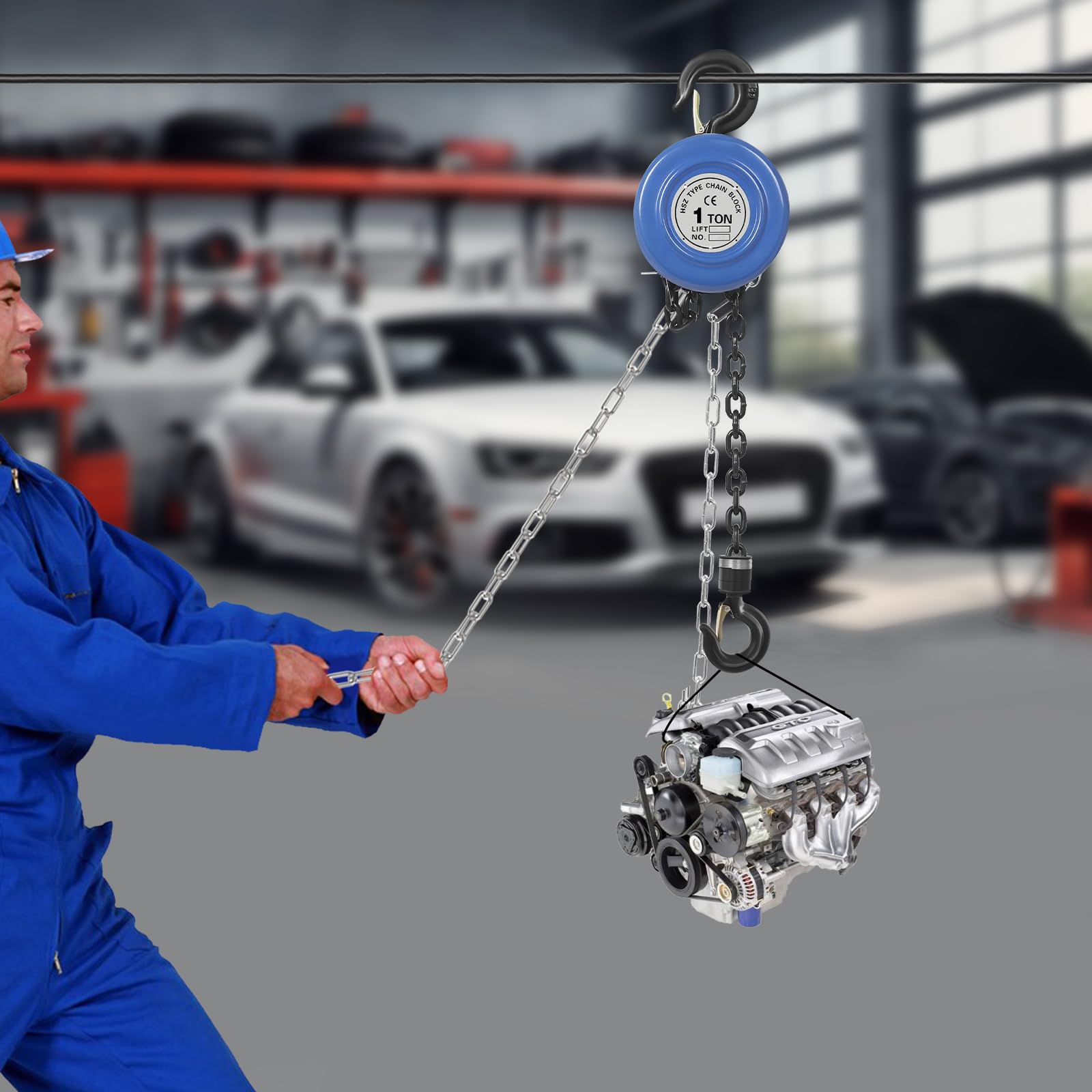 Palan à chaîne 1T, 3 m, bleu : capacité de charge 1000 kg, longueur de chaîne 3 m, manuel, robuste, sécurité garantie
