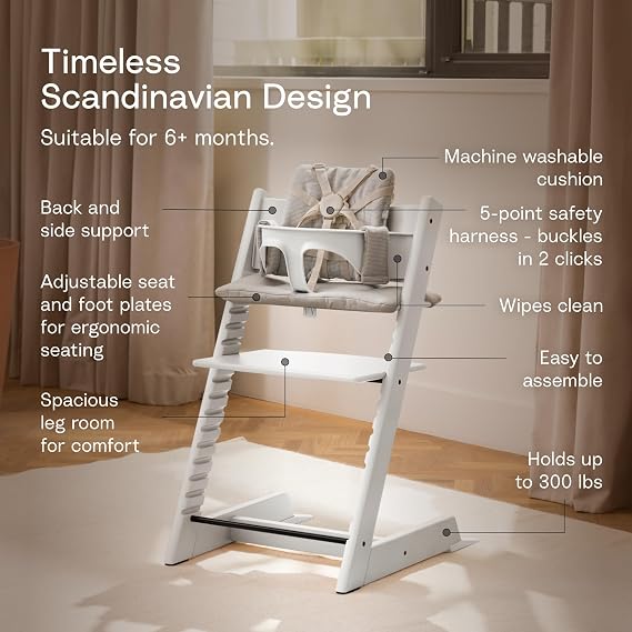 Tripp Trapp High Chair White, Nordic Grey Cushion Signature Edition Includes Chair + Cushion + Baby Set with Removable Harness for Children 6-36 Months - Adjustable, Ergonomic & Easy to Clean