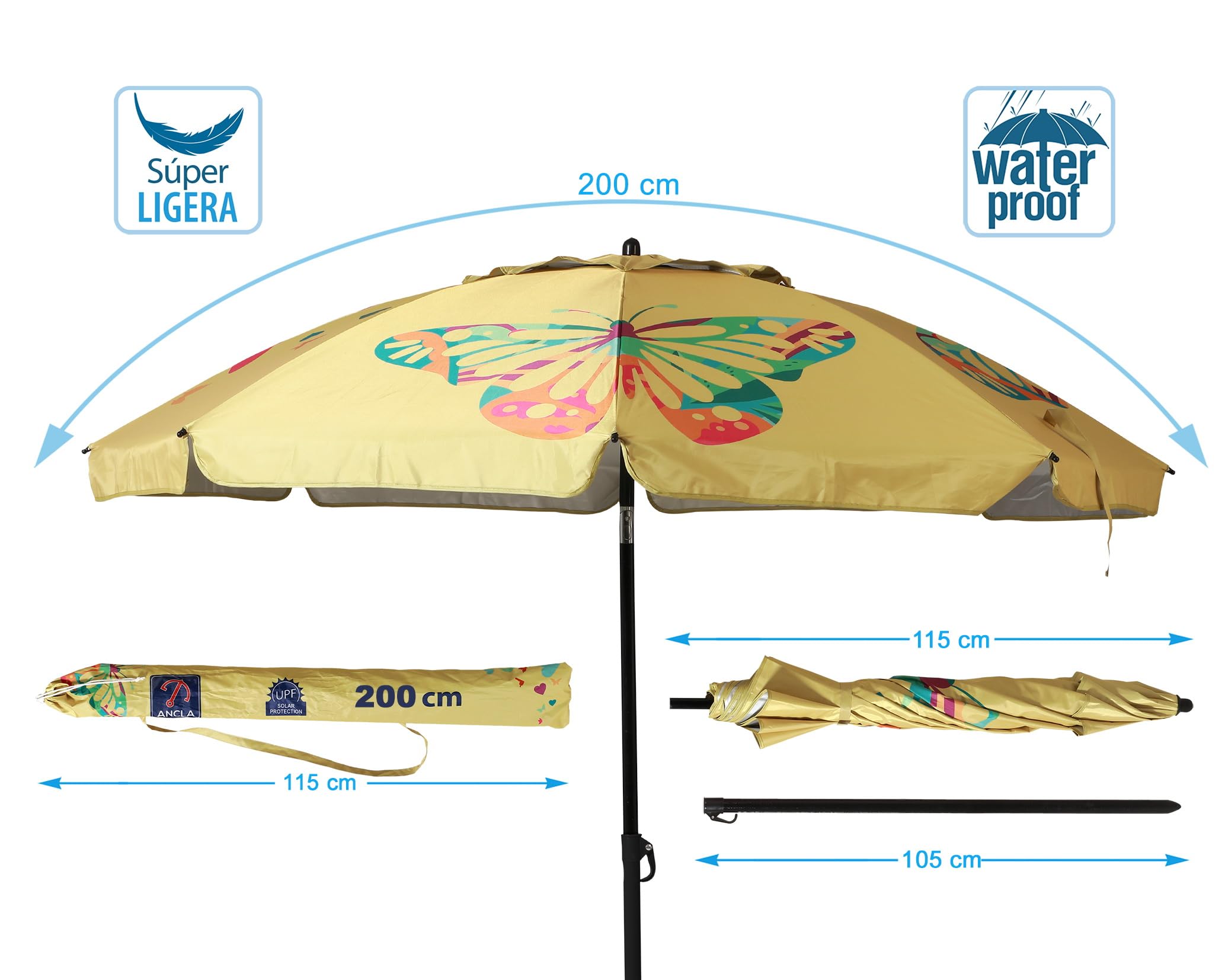 Atosa Strandschirm Ø 180 bis 220 cm, neigbar, aus Aluminium, Schmetterlinge mit UPF 50+ in verschiedenen Farben, gelb, 200 CM, Bohemien