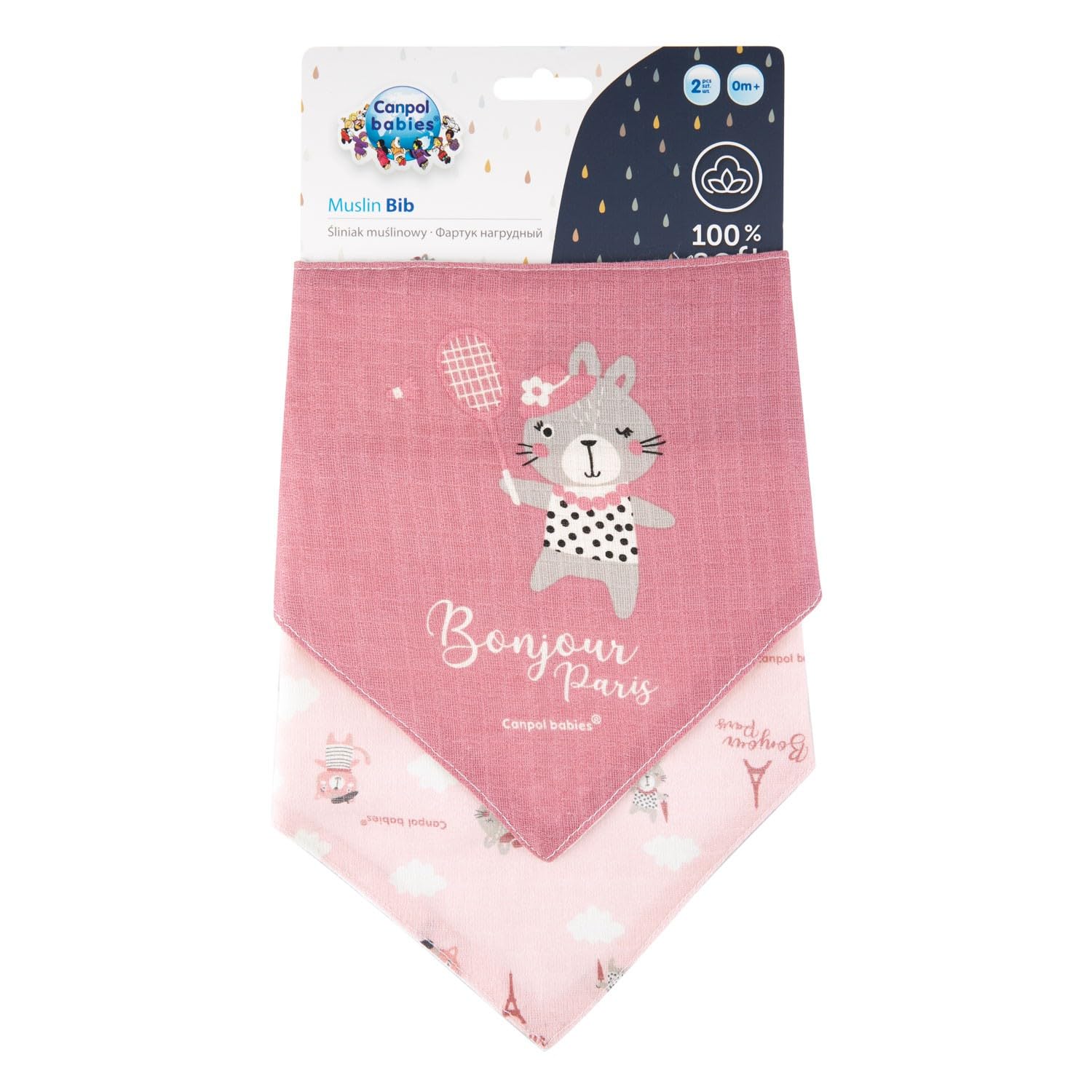 Canpol Baby Muslin, bawełna, bandana, chusta na szyję, zestaw 2 szt. Bonjour Paris (różowy)