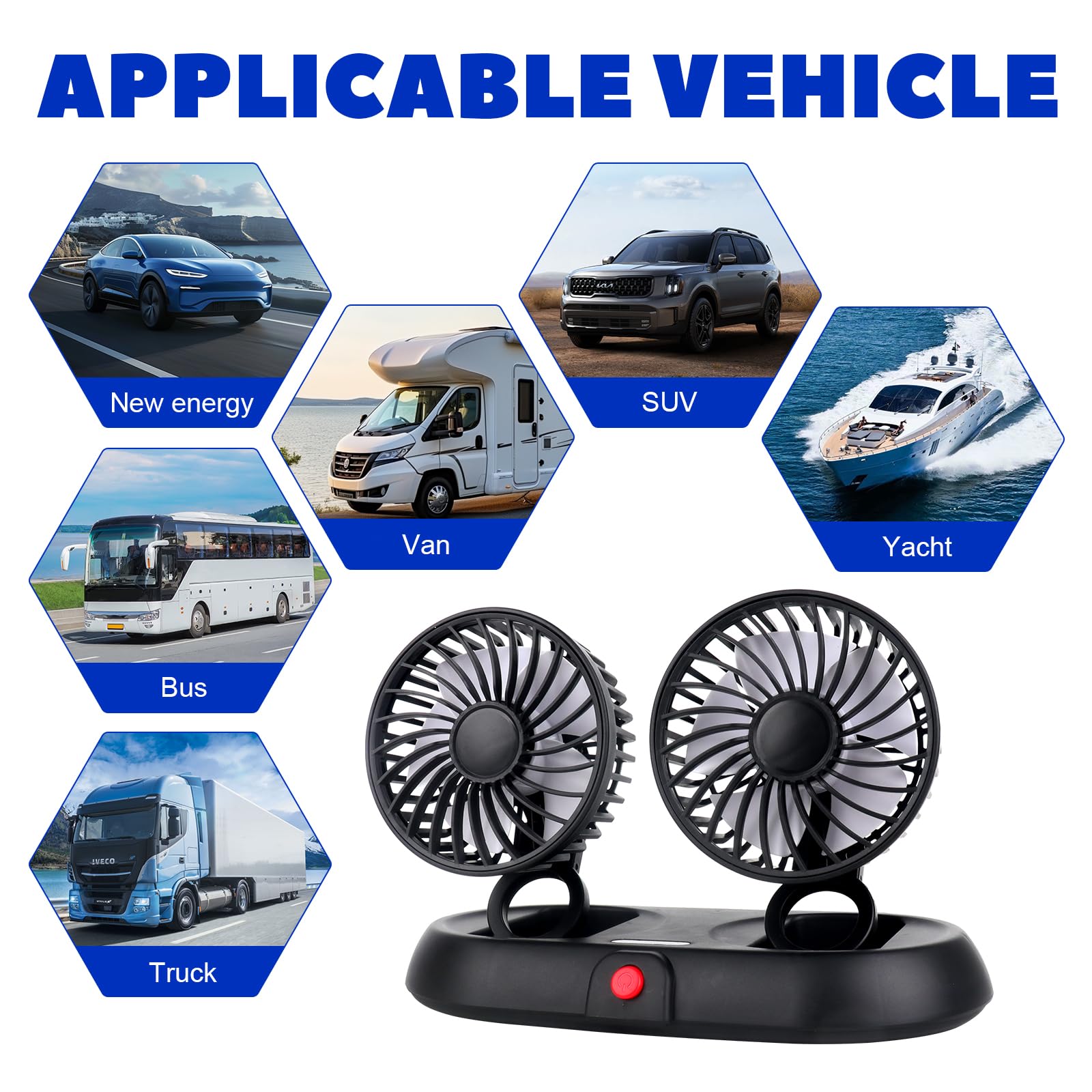 Ventilateur De Voiture, Ventilateur Voiture, Ventilateur Voiture USB, Ventilateur Double Tête, Rotation À 360°, 3 Modes De Puissance Réglables, Pour Voiture, Van, SUV, RV, Bateau (2-Tête)