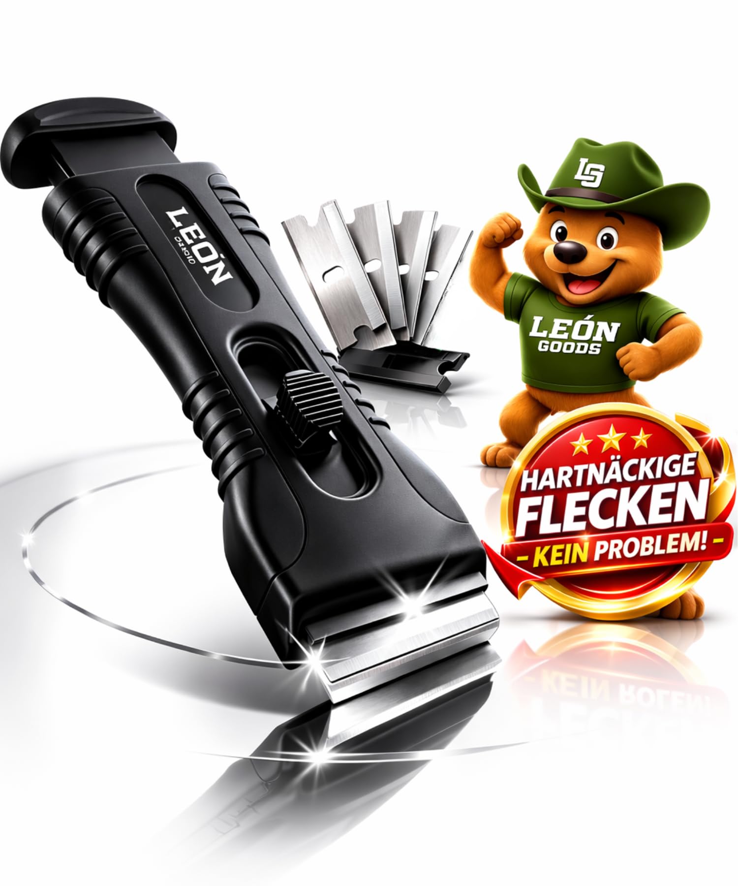 LEÓN Goods - Professioneller Ceranfeldschaber der Kochfeldschaber für deine Ceranfeld Kochfelder - Inkl. Carbon-Stahl & Kunststoffklinge! Schaber für Ceranfeld und Glaskeramik Schaber (schwarz)