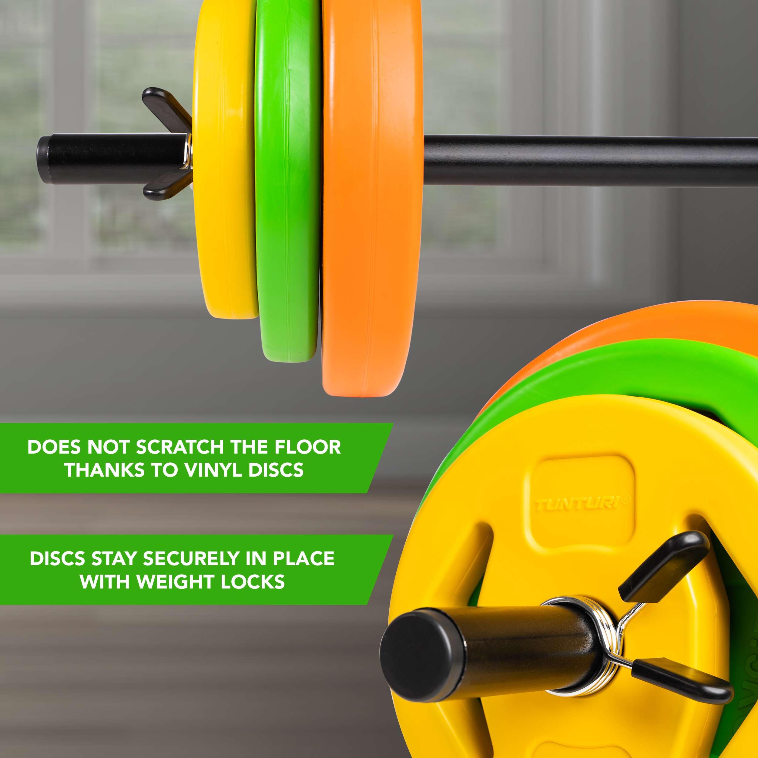 Tunturi 14TUSCL353 Pesi Palestra per Allenamento Aerobico - Dischi Palestra in Plastica - 1 Barra Componibile inclusa - 20 Kg, Unisex – Adulto, Orange, Green, Yellow, 20 kg